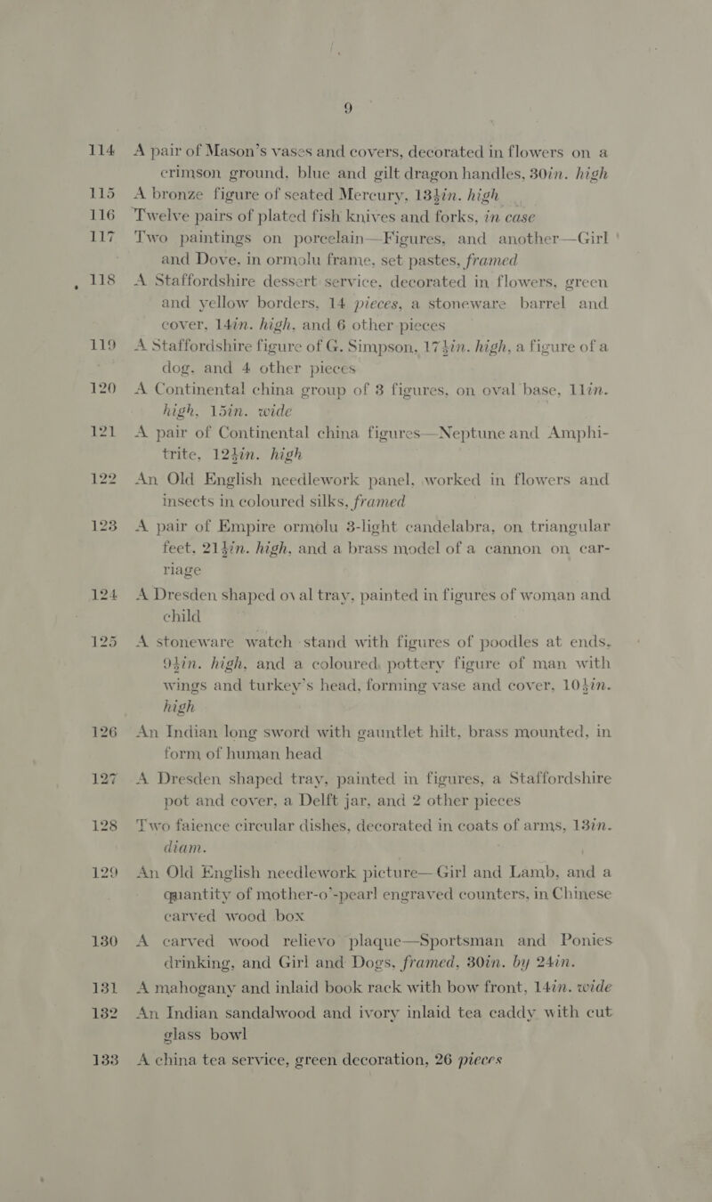 A pair of Mason’s vases and covers, decorated in flowers on a crimson. ground. blue and gilt dragon handles, 30in. high A bronze figure of seated Mercury, 134in. high Two paintings on porcelain—Figures, and another—Girl and Dove, in ormolu frame, set pastes, framed A Staffordshire dessert service, decorated in flowers, green and yellow borders, 14 pieces, a stoneware barrel and cover, 147n. high. and 6 other pieces A Staffordshire figure of G. Simpson, 174i. high, a figure of a dog, and 4 other pieces A Continental china group of 3 figures, on oval base, 1lin. high, 15in. wide | A pair of Continental china figures—Neptune and Amphi- trite. 124in. high An Old English needlework panel, worked in flowers and insects in coloured silks, framed A pair of Empire ormolu 3-light candelabra, on triangular feet. 214in. high, and a brass model of a cannon on car- riage A Dresden shaped oval tray, painted in figures of woman and child A stoneware watch stand with figures of poodles at ends, 94in. high, and a coloured, pottery figure of man with wings and turkey’s head, forming vase and cover, 10$2n. high An Indian long sword with gauntlet hilt, brass mounted, in form, of human head A Dresden shaped tray, painted in figures, a Staffordshire pot and cover, a Delft jar, and 2 other pieces Two faience circular dishes, decorated in coats of arms, 13in. diam. An Old English needlework picture—Girl and Lamb, and a quantity of mother-o’-pear! engraved counters, in Chinese carved wood box A carved wood relievo plaque—Sportsman and _ Ponies drinking, and Girl and Dogs, framed, 30in. by 24in. A mahogany and inlaid book rack with bow front, 14¢n. wide An Indian sandalwood and ivory inlaid tea caddy with cut glass bowl A china tea service, green decoration, 26 pieces