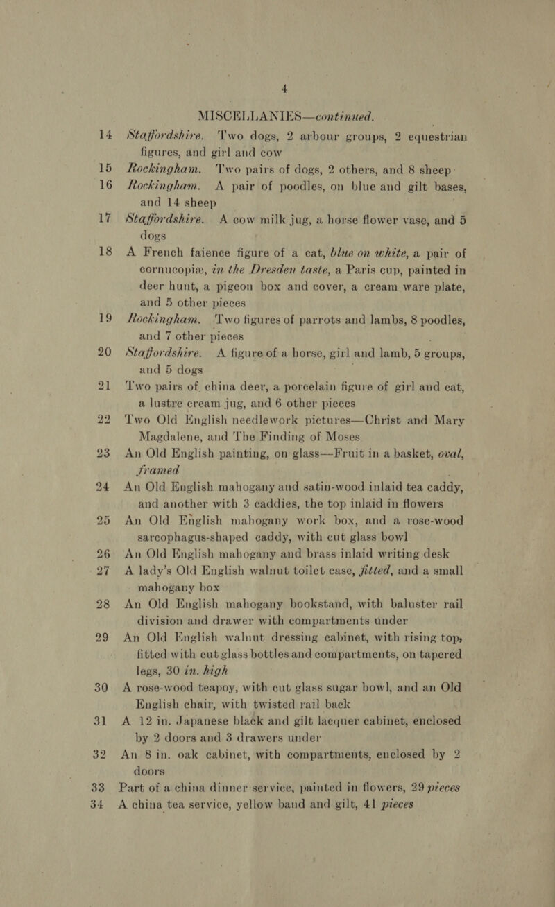 33 34 4 MISCELLANIES—continued. Staffordshire. ‘Two dogs, 2 arbour groups, 2 equestrian figures, and girl and cow Rockingham. Two pairs of dogs, 2 others, and 8 sheep: Rockingham. &lt;A pair of poodles, on blue and gilt bases, and 14 sheep | Staffordshire. A cow milk jug, a horse flower vase, and 5 dogs A French faience figure of a cat, blue on white, a pair of cornucopie, 72 the Dresden taste, a Paris cup, painted in deer hunt, a pigeon box and cover, a cream ware plate, and 5 other pieces Rockingham. ‘Two figures of parrots and lambs, 8 poodles, and 7 other pieces Staffordshire. &lt;A figure of a horse, girl and lamb, 5 groups, and 5 dogs . Two pairs of. china deer, a porcelain figure of girl and eat, a lustre cream jug, and 6 other pieces Two Old English needlework pictures—Christ and Mary Magdalene, and The Finding of Moses An Old English painting, on glass—Fruit in a basket, oval, Sramed An Old English mahogany and satin-wood inlaid tea caddy, and another with 3 caddies, the top inlaid in flowers An Old English mahogany work box, and a rose-wood sarcophagus-shaped caddy, with cut glass bowl An Old English mahogany and brass inlaid writing desk A lady’s Old English walnut toilet case, fitted, and a small mahogany box An Old English mahogany bookstand, with baluster rail division and drawer with compartments under An Old English walnut dressing cabinet, with rising top, fitted with cut glass bottles and compartments, on tapered legs, 30 in. high A rose-wood teapoy, with cut glass sugar bow], and an Old English chair, with twisted rail back A 12 in. Japanese black and gilt lacquer cabinet, enclosed by 2 doors and 3 drawers under An 8 in. oak cabinet, with compartments, enclosed by 2 doors Part of a china dinner service, painted in flowers, 29 pzeces A china tea service, yellow band and gilt, 41 pieces