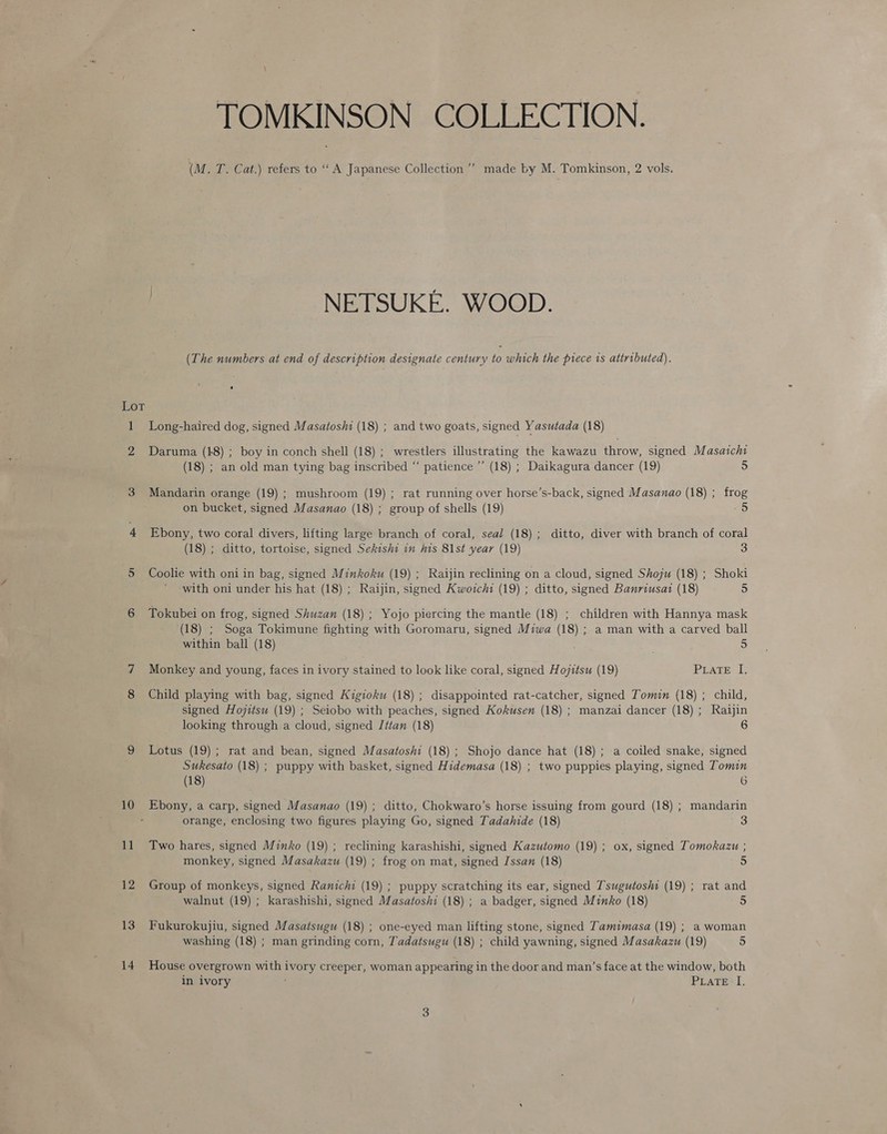 TOMKINSON COLLECTION. (M. T. Cat.) refers to ‘‘ A Japanese Collection ’’ made by M. Tomkinson, 2 vols. NETSUKE. WOOD. (The numbers at end of description designate century to which the piece is attributed). oT 1 Long-haired dog, signed Masatoshi (18) ; and two goats, signed Yasutada (18) 2 Daruma (18) ; boy in conch shell (18) ; wrestlers illustrating the kawazu throw, signed Masatcht (18) ; an old man tying bag inscribed “ patience ”’ (18) ; Daikagura dancer (19) 5 3 Mandarin orange (19) ; mushroom (19) ; rat running over horse’s-back, signed Masanao (18) ; frog on bucket, signed Masanao (18) ; group of shells (19) 5 4 Ebony, two coral divers, lifting large branch of coral, seal (18); ditto, diver with branch of coral (18) ; ditto, tortoise, signed Sekishi in his 81st year (19) 3 5 Coolie with oni in bag, signed Minkoku (19) ; Raijin reclining on a cloud, signed Shoju (18) ; Shoki with oni under his hat (18) ; Raijin, signed Kwotcht (19) ; ditto, signed Banriusai (18) 5 6 Tokubei on frog, signed Shuzan (18) ; Yojo piercing the mantle (18) ; children with Hannya mask (18) ; Soga Tokimune fighting with Goromaru, signed Miwa (18) ; a man with a carved ball within ball (18) 5 7 Monkey and young, faces in ivory stained to look like coral, signed Hojitsu (19) eeAre: 1 8 Child playing with bag, signed Kigioku (18) ; disappointed rat-catcher, signed Tomin (18) ; child, signed Hojitsu (19) ; Seiobo with peaches, signed Kokusen (18) ; manzai dancer (18) ; Raijin looking through a cloud, signed Jttan (18) 6 9 Lotus (19); rat and bean, signed Masatoshi (18); Shojo dance hat (18) ; a coiled snake, signed Sukesato (18) ; puppy with basket, signed Hidemasa (18) ; two puppies playing, signed Tomin (18) 6 10 Ebony, a carp, signed Masanao (19) ; ditto, Chokwaro’s horse issuing from gourd (18) ; mandarin orange, enclosing two figures playing Go, signed Tadahide (18) 3 11 Two hares, signed Minko (19) ; reclining karashishi, signed Kazutomo (19) ; ox, signed Tomokazu ; monkey, signed Masakazu (19) ; frog on mat, signed Jssan (18) 5 12 Group of monkeys, signed Ranichi (19) ; puppy scratching its ear, signed Tsugutoshi (19) ; rat and walnut (19) ; karashishi, signed Masatoshi (18) ; a badger, signed Minko (18) 5 13. Fukurokujiu, signed Masatsugu (18) ; one-eyed man lifting stone, signed Tamimasa (19) ; a woman washing (18) ; man grinding corn, Tadatsugu (18) ; child yawning, signed Masakazu (19) 5 14 House overgrown with ivory creeper, woman appearing in the door and man’s face at the window, both in ivory PLaTE I.