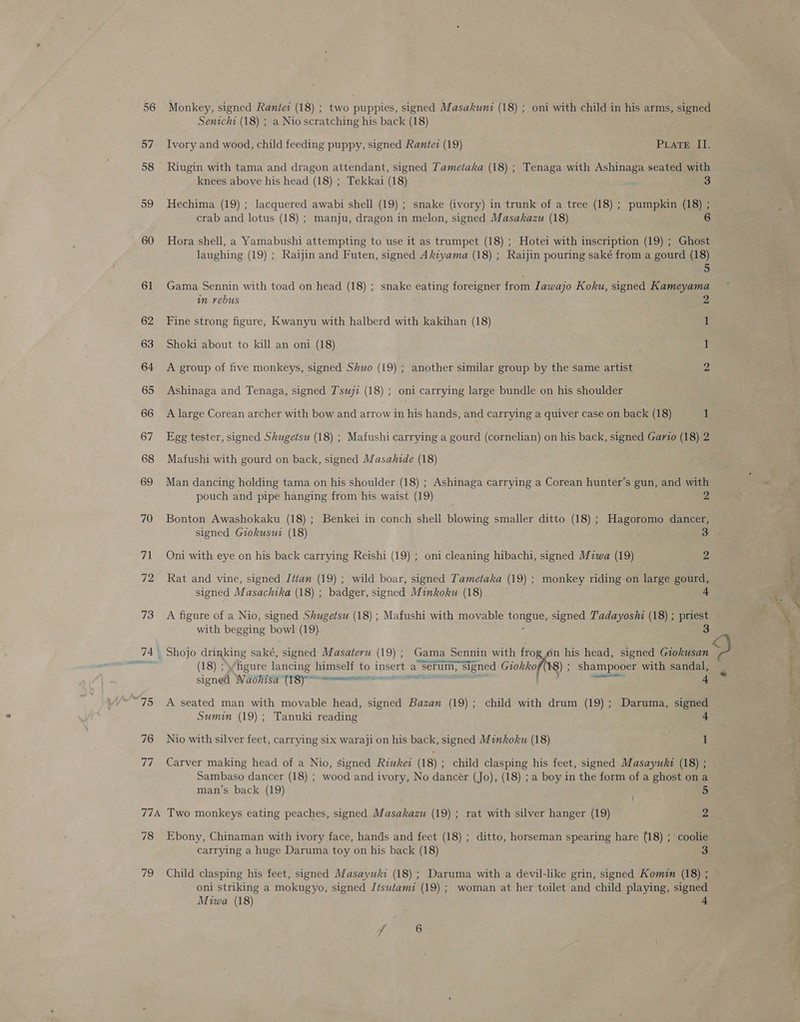 56 57 58 99 60 6] 62 63 64 65 66 67 68 69 70 777A 78 79 Monkey, signed Rantei (18) ; two puppies, signed Masakuni (18) ; oni with child in his arms, signed Senichi (18) ; a Nio scratching his back (18) Ivory and wood, child feeding puppy, signed Rantez (19) PLAtTeCIT. Riugin with tama and dragon attendant, signed Tametaka (18) ; Tenaga with Ashinaga seated with knees above his head (18) ; Tekkai (18) 3 Hechima (19) ; lacquered awabi shell (19) ; snake (ivory) in trunk of a tree (18) ; pumpkin (18) ; crab and lotus (18) ; manju, dragon in melon, signed Masakazu (18) 6 Hora shell, a Yamabushi attempting to use it as trumpet (18) ; Hotei with inscription (19) ; Ghost laughing (19) ; Raijin and Futen, signed Akiyama (18) ; Raijin pouring saké from a gourd (18) 5 Gama Sennin with toad on head (18) ; snake eating foreigner from Iawajo Koku, signed Kameyama in rebus 2 Fine strong figure, Kwanyu with halberd with kakihan (18) 1 Shoki about to kill an oni (18) | 1 A group of five monkeys, signed Shuo (19) ; another similar group by the same artist 2 Ashinaga and Tenaga, signed Tsuji (18) ; oni carrying large bundle on his shoulder A large Corean archer with bow and arrow in his hands, and carrying a quiver case on back (18) 1 Egg tester, signed Shugetsu (18) ; Mafushi carrying a gourd (cornelian) on his back, signed Garto (18) 2 Mafushi with gourd on back, signed Masahide (18) Man dancing holding tama on his shoulder (18) ; Ashinaga carrying a Corean hunter’s gun, and with pouch and pipe hanging from his waist (19) 2 Bonton Awashokaku (18) ; Benkei in conch shell blowing smaller ditto (18) ; Hagoromo dancer, signed Giokusui (18) 3 Oni with eye on his back carrying Reishi (19) ; oni cleaning hibachi, signed Miwa (19) 2 Rat and vine, signed Jttan (19) ; wild boar, signed Tametaka (19) ; monkey riding on large gourd, signed Masachtka (18) ; badger, signed Minkoku (18) 4 with begging bowl (19). 3 (18) ;\figure lancing himself to insert a serum; Signed Giokko (48) ; shampooer with sandal, sign@: Na@0nisa (1s) ee 4 A seated man with movable head, signed Bazan (19); child with drum (19); Daruma, signed Sumin (19); Tanuki reading 4 Nio with silver feet, carrying six waraji on his back, signed Minkoku (18) 1 Carver making head of a Nio, signed Riwkei (18) ; child clasping his feet, signed Masayuki (18) ; Sambaso dancer (18) ; wood and ivory, No dancer (Jo), (18) ; a boy in the form of a ghost ona man’s back (19) 5 | Two monkeys eating peaches, signed Masakazu (19); rat with silver hanger (19) 2 Ebony, Chinaman with ivory face, hands and feet (18) ; ditto, horseman spearing hare (18) ; coolie carrying a huge Daruma toy on his back (18) 3 Child clasping his feet, signed Masayuki (18) ; Daruma with a devil-like grin, signed Komin (18) ; oni striking a mokugyo, signed Jtswtami (19) ; woman at her toilet and child playing, signed Miwa (18)