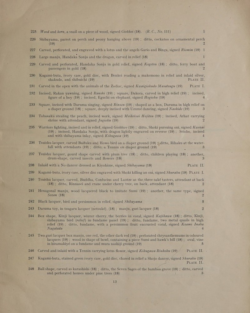 225 226 227 228 229 230 231 232 233 234 235 236 237 238 239 240 241 242 243 244 245 246 247 248 Wood and horn, a snail on a piece of wood, signed Giokket (18). (R. C., No. 111) i Shibayama, parrot on perch and peony hanging above (19) ; ditto, cockatoo on ornamental perch (19) 2 Carved, perforated, and engraved with a lotus and the angels Gario and Binga, signed Riomin (19) 1 Large manju, Handaka Sonja and the dragon, carved in relief (18) 1 Carved and perforated, Handaka Sonja in gold relief, signed Kogetsu (18) ; ditto, ferry boat and passengers in gold (18) 2 Kagami-buta, ivory case, gold disc, with Benkei reading a makemono in relief and inlaid silver, shakudo, and shibuichi (19) PiaTeE II. Carved in the open with the animals of the Zodiac, signed Kwaigiokudo Masatsugu (19) PLATE I. Incised, Rakan yawning, signed Ranshi (19) ; square, Dakora, carved in high relief (19) ; incised, figure of a boy (19) ; incised, Eguchi on elephant, signed Hogioku (19) 4 Square, incised with Daruma singing, signed Rimsen (19) ; shaped as a box, Daruma in high relief on a diaper ground (18) ; square, deeply incised with Uzumé dancing, signed Naohide (19) 3 Tobosaku stealing the peach, incised work, signed Metkeisai Hojitsu (19) ; incised, Arhat carrying shrine with attendant, signed Jugiokwu (19) 2 Warriors fighting, incised and in relief, signed Giokkwo (19) ; ditto, Shoki pursuing oni, signed Kwosat (19) ; incised, Handaka Sonja, with dragon lightly engraved on reverse (19) ; Seiobo, incised and with shibayama inlay, signed Kikugawa (19) 4 Tsuishu lacquer, carved Baifuku and Howo bird on a diaper ground (19) ; ditto, Rihaku at the water- fall with attendants (19) ; ditto, a Tennin on diaper ground (19) : 3 Tsuishu lacquer, gourd shape carved with plum tree (18) ; ditto, children playing (18) ; another, drum-shape, carved insects and flowers (18) 3 Inlaid with a No dancer dressed as Kiyohime, signed Shibayama (18) PLaTE II. Kagami-buta, ivory case, silver disc engraved with Shoki killing an oni, signed Shuraku (19) PLate I. Tsuishu lacquer, carved, Buddha, Confucius and Laotze as the three saké tasters, attendant at back (18) ; ditto, Rinnasei and crane under cherry tree, on back, attendant (18) YD Hexagonal manju, wood lacquered black to imitate Sumi (19); another, the same type, signed 2 Sozan (18) Black lacquer, bird and persimmon in relief, signed Shibayama 5 Daruma toy, in tsugaru lacquer (netsuké), (18) ; manju, guri lacquer (18) Z Box shape, Kinji lacquer, winter cherry, the berries in coral, signed Kajtkawa (18) ; ditto, Kinji, shibayama bird (relief) in fundame panel (19); ditto, fundame, two metal quails in high relief (19) ; ditto, fundame, with a persimmon fruit encrusted coral, signed Koami Inaba Nagatada ss Two guri lacquer box manju, one red, the other dark red (19) ; perforated chrysanthemums in coloured lacquers (19) ; wood in shape of bowl, containing a piece Sumi and hawk’s bill (18) ; oval, vine in hiramakiyé on a fundame and mura nashiji ground (19) 5 Carved and inlaid with a Tennin carrying lotus flower, signed Kikugawa Riukoku (19) PiaTE II. Kagami-buta, stained green ivory case, gold disc, chased in relief a Shojo dancer, signed Shuraku (19) PiaTeE II. Ball shape, carved as karashishi (18) ; ditto, the Seven Sages of the bamboo grove (19) ; ditto, carved and perforated houses under pine trees (18) 3