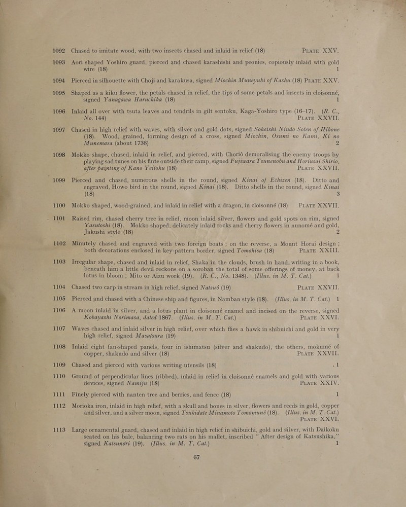 — 1092 1093 1094 1095 1096 1097 1098 1100 1101 1102 1103 1104 1105 1106 1107 1108 1109 1110 1111 1112 1113 Chased to imitate wood, with two insects chased and inlaid in relief (18) PLATE XXV. Aori shaped Yoshiro guard, pierced and chased karashishi and peonies, copiously inlaid with gold wire (18) 1 Pierced in silhouette with Choji and karakusa, signed Miochin Muneyuki of Kashu (18) PLATE XXV. Shaped as a kiku flower, the petals chased in relief, the tips of some petals and insects in cloisonné, signed Yanagawa Haruchika (18) . 1 Inlaid all over with tsuta leaves and tendrils in gilt sentoku, Kaga-Yoshiro type (16-17). (R. C., No. 144) PLATE XXVII. Chased in high relief with waves, with silver and gold dots, signed Soheisht Niudo Soten of Hikone (18). Wood, grained, forming design of a cross, signed Miochin, Osumi no Kami, Ki no Munemasa (about 1736) 2 Mokko shape, chased, inlaid in relief, and pierced, with Chorié demoralising the enemy troops by playing sad tunes on his flute outside their camp, signed Fujzwara Tsunenobu and Horiusat Shinto, after paynting of Kano Y ettoku (18) Pirate XXVIII. Pierced and chased, numerous shells in the round, signed Kinazt of Echizen (18). Ditto and engraved, Howo bird in the round, signed Kimaz (18). Ditto shells in the round, signed Kinat (18) 3 Mokko shaped, wood-grained, and inlaid in relief with a dragon, in cloisonné (18) PLATE XXVII. Raised rim, chased cherry tree in relief, moon inlaid silver, flowers and gold spots on rim, signed Yasutoshi (18). Mokko shaped, delicately inlaid rocks and cherry flowers in nunomé and gold, Jakushi style (18) 2 Minutely chased and engraved with two foreign boats ; on the reverse, a Mount Horai design ; both decorations enclosed in key-pattern border, signed Tomohisa (18) PraTE XXIII. Irregular shape, chased and inlaid in relief, Shaka in the clouds, brush in hand, writing in a book, beneath him a little devil reckons on a soroban the total of some offerings of money, at back lotus in bloom ; Mito or Aizu work (19). (R. C., No. 1348). (Illus. in M. T. Cat.) 1 Chased two carp in stream in high relief, signed Natswé (19) PraTE XXVII. Pierced and chased with a Chinese ship and figures, in Namban style (18). (Illus. in M. T. Cat.) 1 A moon inlaid in silver, and a lotus plant in cloisonné enamel and incised on the reverse, signed Kobayashi Norimasa, dated 1867. (Illus. in M. T. Cat.) PLATE XXVI. Waves chased and inlaid silver in high relief, over which flies a hawk in shibuichi and gold in very high relief, signed Masatsura (19) 1 Inlaid eight fan-shaped panels, four in ishimatsu (silver and shakudo), the others, mokumé of copper, shakudo and silver (18) PLATE XXVII. Chased and pierced with various writing utensils (18) 1 Ground of perpendicular lines (ribbed), inlaid in relief in cloisonné enamels and gold with various devices, signed Namzw (18) PLATE XXIV. Finely pierced with nanten tree and berries, and fence (18) 1 Morioka iron, inlaid in high relief, with a skull and bones in silver, flowers and reeds in gold, copper and silver, and a silver moon, signed Tsukidate Minamoto Tomomuné (18). (Illus. in M. T. Cat.) PLATE XXVI. Large ornamental guard, chased and inlaid in high relief in shibuichi, gold and silver, with Daikoku seated on his bale, balancing two rats on his mallet, inscribed “‘ After design of Katsushika,”’ signed Katsunovi (19). (Illus. in M. T. Cat.) 1