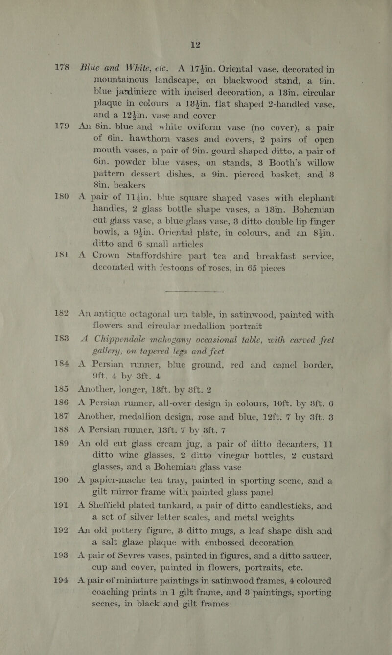 L79 180 181 12 Blue and White, etc. A 174in. Oriental vase, decorated in mountainous landscape, on blackwood stand, a Qin. blue jardiniere with incised decoration, a 18in. circular plaque in colours a 184in. flat shaped 2-handled vase, and a 124in. vase and cover An 8in. blue and white oviform vase (no cover), a pair of 6in. hawthorn vases and covers, 2 pairs of open mouth vases, a pair of 9in. gourd shaped ditto, a pair of 6in. powder blue vases, on stands, 3 Booth’s willow pattern dessert dishes, a 9in. pierced basket, and 3 8in. beakers A pair of 1itin. blue square shaped vases with elephant handles, 2 glass bottle shape vases, a 13in. Bohemian cut glass vase, a blue glass vase, 3 ditto double lip finger bowls, a 94in. Oriental plate, in colours, and an 84in. ditto and 6 small articles A Crown Staffordshire part tea and breakfast service, decorated with festoons of roses, in 65 pieces  An antique octagonal urn table, in satinwood, painted with flowers and circular medallion portrait A Chippendale mahogany occasional table, with carved fret gallery, on tapered legs and feet A Persian runner, blue ground, red and camel border, oft. 4 by 3ft. 4 Another, longer, 13ft. by 3ft. 2 A. Persian runner, all-over design in colours, 10ft. by 3ft. 6 Another, medallion design, rose and blue, 12ft. 7 by 3ft. 3 A. Persian runner, 13ft. '7 by 3ft. 7 An old cut glass cream jug, a pair of ditto decanters, 11 ditto wine glasses, 2 ditto vinegar bottles, 2 custard glasses, and a Bohemian glass vase A papier-mache tea tray, painted in sporting scene, and a gilt mirror frame with painted glass panel A Sheffield plated tankard, a pair of ditto candlesticks, and a set of silver letter scales, and metal weights An old pottery figure, 3 ditto mugs, a leaf shape dish and a salt glaze plaque with embossed decoration A pair of Sevres vases, painted in figures, and a ditto saucer, cup and cover, painted in flowers, portraits, etc. A pair of miniature paintings in satinwood frames, 4 coloured coaching prints in 1 gilt frame, and 3 paintings, sporting scenes, in black and gilt frames