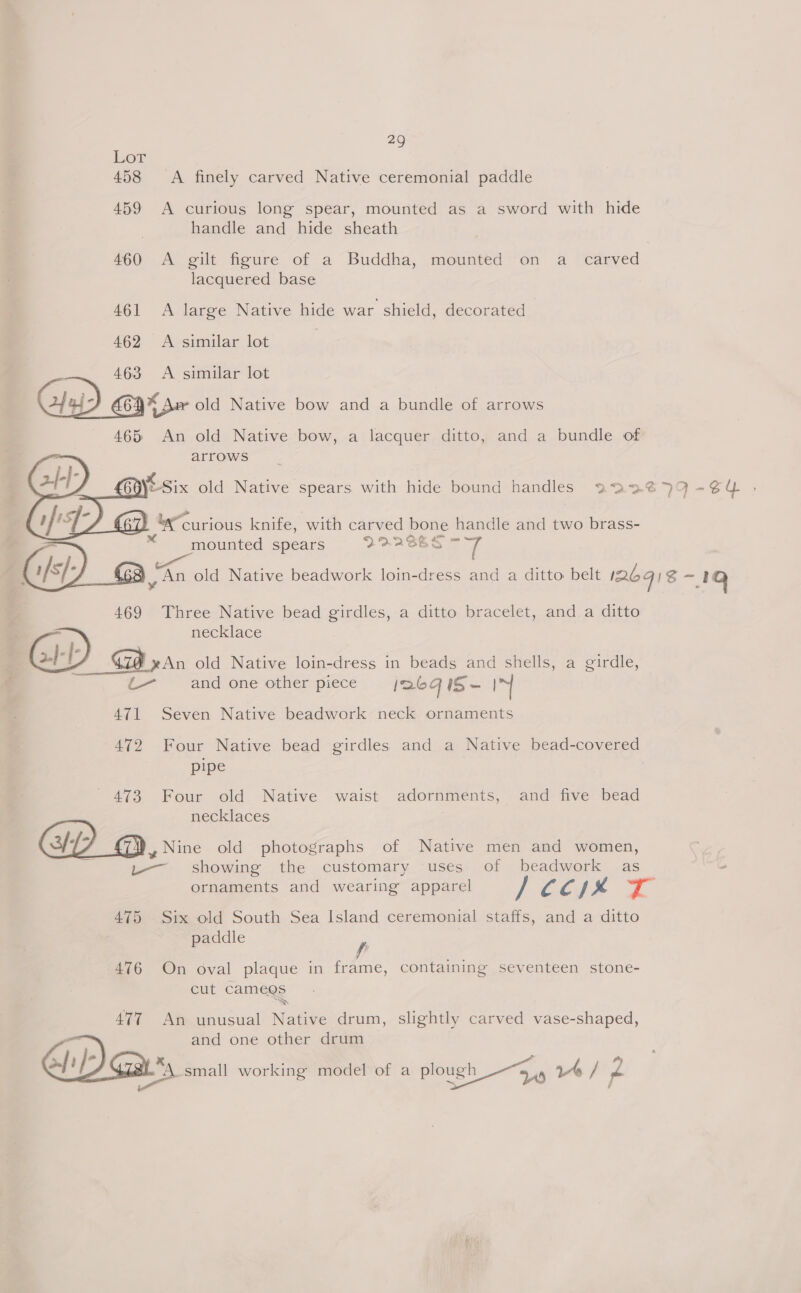 Lor 458 459 460 461 462 463 29 handle and hide sheath lacquered base A similar lot A similar lot   465 S, aC [ arrows oe spears S532S65 6 | and a bundle of necklace ee 471 472 and one other piece j2egq iS- y pipe necklaces Efi) ornaments and wearing apparel of beadwork as [ tits ZT paddle ATT cut camegs and one other drum 39 4/2