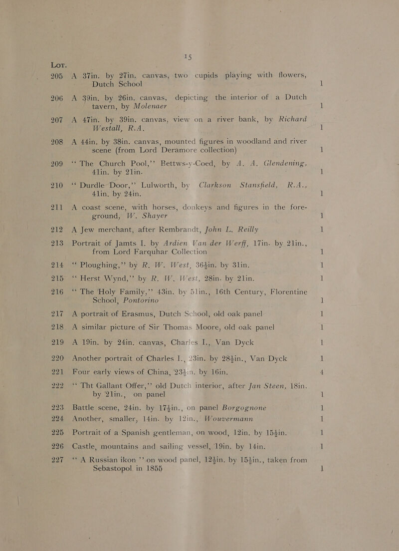 28 A 37in. by 27in. canvas, two cupids playing with flowers, ‘Dutch School A 39in. by 26in. canvas, depicting the interior of a Dutch tavern, by Molenaer A 47in. by 39in. canvas, view on a river bank, by Richard Westall, R.A. A 44in. by 38in. canvas, mounted figures in woodland and river scene (from Lord Deramore collection) ‘* The Church Pool,’’ Bettws-y-Coed, by A. A. Glendening, 4lin. by 21in. ** Durdle~Door,’’ Lulworth, by Clarkson . Stansfield, R.A.., 41in. by 24in. A coast scene, with horses, donkeys and figures in the fore- ground, W. Shayer A Jew merchant, after Rembrandt, John L. Reilly Portrait of Jamts I. by Ardien Van der Werff, 17in. by 21in., from Lord Farquhar Collection “ Ploughing,” by R. W. West, 364in. by 31in. > Herst Wynd, by R. W..West, 28in. by 21in. *“ The 'Holy Family,’’ 43in. by 5lin., 16th Century, Florentine School, Pontorino A portrait of Erasmus, Dutch School, old oak panel A similar picture of Sir Thomas Moore, old oak panel A 19in. by 24in. canvas, Charles I., Van Dyck Another portrait of Charles I., 23in. by 284in., Van Dyck Four early views of China, '234in. by 16in. ‘Tht Gallant Offer,’’? old Dutch interior, after Jan Steen, 18in. by 2lin., on panel Battle scene, 24in. by 174in., on panel Borgognone Another, smaller, 14in. by 12in., Wouvermann Portrait of a Spanish gentleman, on wood, 12in. by 154in. Castle, mountains and sailing vessel, 19in. by 14in. ‘* A Russian ikon ’’.on wood panel, 12$in. by 154in., taken from Sebastopol. in 1855 en a