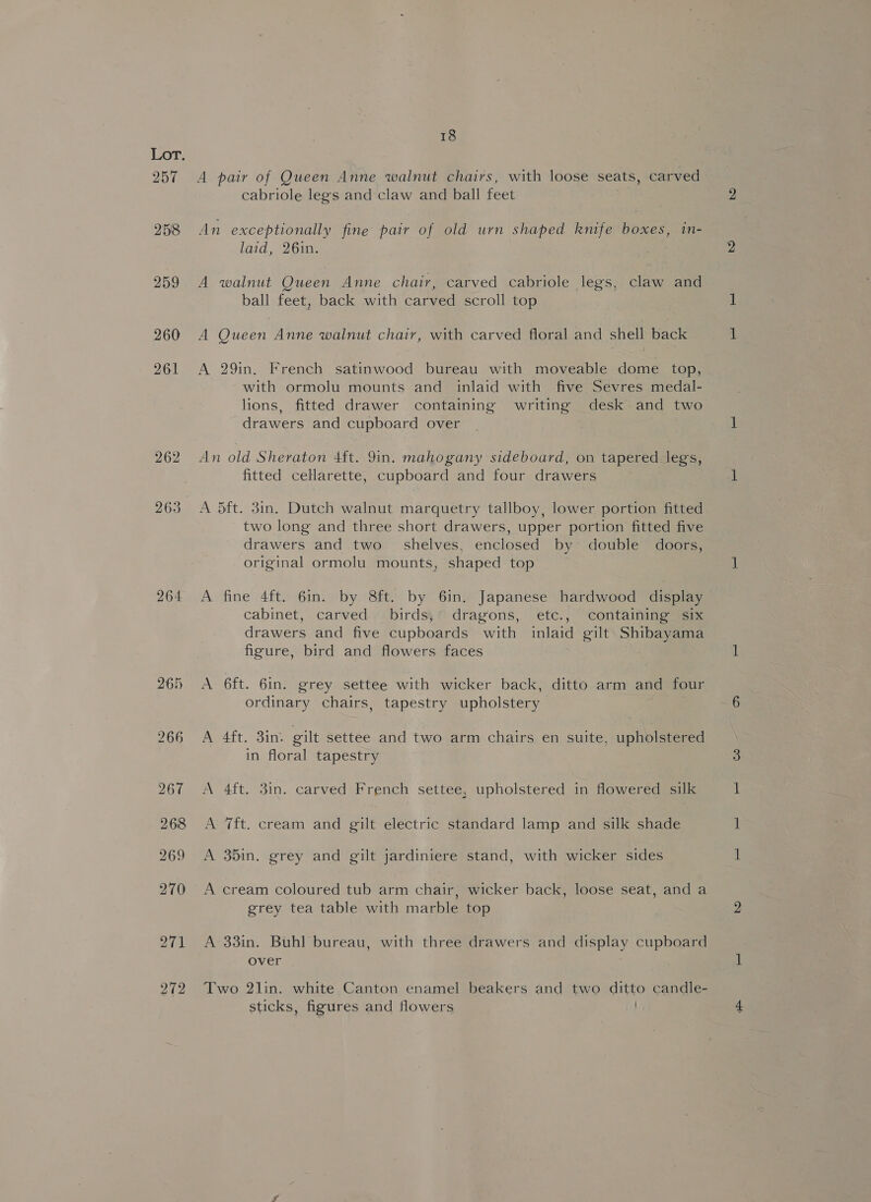 257 264 272 18 A pair of Queen Anne walnut chairs, with loose seats, carved cabriole legs and claw and ball feet An exceptionally fine pair of old urn shaped knife boxes, in- laid, 26in. A walnut Queen Anne chair, carved cabriole legs, claw and ball feet, back with carved scroll top A Queen Anne walnut chair, with carved floral and shell back A 29in. French satinwood bureau with moveable dome top, with ormolu mounts and inlaid with five Sevres medal- lions, fitted drawer containing writing desk and two drawers and cupboard over An old Sheraton 4ft. 9in. mahogany sideboard, on tapered legs, fitted cellarette, cupboard and four drawers A 5ft. 3in. Dutch walnut marquetry tallboy, lower portion fitted two long and three short drawers, upper portion fitted five drawers and two _ shelves, enclosed by double doors, original ormolu mounts, shaped top A fine 4ft. 6in. by 8ft. by 6in. Japanese hardwood display cabinet, carved birds; dragons, etc., containing six drawers and five cupboards with inlaid gilt. Shibayama figure, bird and flowers faces A 6ft. 6in. grey settee with wicker back, ditto arm and four ordinary chairs, tapestry upholstery A 4ft. 3in-: gilt settee and two arm chairs en suite, upholstered in floral tapestry A 4ft. 3in. carved French settee, upholstered in flowered silk A 7ft. cream and gilt electric standard lamp and silk shade A 35in. grey and gilt jardiniere stand, with wicker sides A cream coloured tub arm chair, wicker back, loose seat, and a grey tea table with marble top A 33in. Buhl bureau, with three drawers and display cupboard over Two 2lin. white Canton enamel beakers and two ditto candle- sticks, figures and flowers