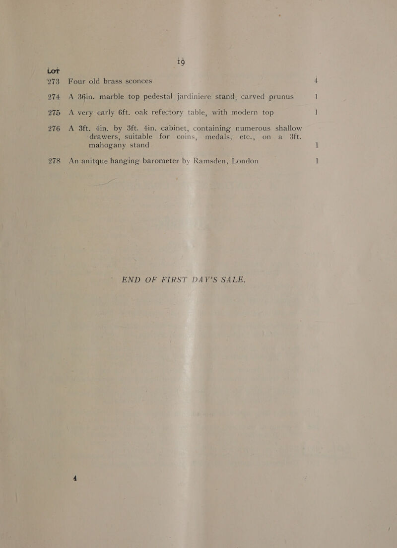 19 Four old brass sconces A 36in. marble top pedestal jardiniere stand, carved prunus A very early 6ft. oak refectory table, with modern top A 3ft. 4in. by 3ft. 4in. cabinet, containing numerous shallow drawers, suitable for coins, medals, etc., on a_ 3ft. mahogany stand ENDSOF FIRST DAYS SALE.