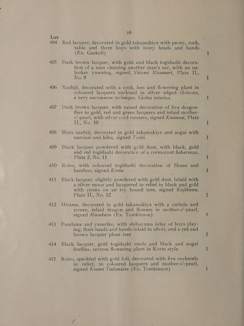 404 405 406 409 410 411 412 413 414 415 28 Red lacquer, decorated in gold takamakiye with peony, rock, table and three boys with ivory heads and hands (Ex. Gaskell) Dark brown lacquer, with gold and black togidashi decora- tion of a man cleaning another man’s ear, with an on- looker yawning, signed Shion Masanari, Plate No. 9 Nashiji, decorated with a-cock, hen and flowering plant in coloured lacquers enclosed in silver edged cloisons, a very uncommon technique, Giobu interior Dark brown lacquer, with raised decoration of five dragon- flies in gold, red and green lacquers and inlaid mother- o’-pearl, with silver cord runners, signed Kwansai, Plate Le No. 10 Mura nashiji, decorated in gold takamakiye and aogai with narcissi and, kiku, signed Toshi Black lacquer powdered with gold dust, with black, gold and red togidashi decoraticn of a cormorant fisherman, Plate 2, No. 11 Roiro, with coloured togidashi decoration of Shaen and bamboo, signed, Koriu Black lacquer, slightly powdered with gold dust, inlaid with a silver moon and lacquered in relief in black and gold with crows on an ivy. bound tree, signed Kayjikawa, Plate EEN o.s12 Hirame, decorated in gold takamakiye with a curtain and screen, inlaid dragon and flowers in mother-o’-pearl, signed Masakazu (Ex. Tomkinson) Fundame and yasuriko, with shibayama inlay of boys play- ing, their heads and hands inlaid in silver, and a red and brown lacquer plum tree Black lacquer, gold togidashi reeds and black and aogai fireflies, reverse flowering plant in Korin style Roiro, speckled with gold foil, decorated: with five cockerels in relief, in coloured lacquers and mother-o’-pearl, signed Koami Tadamitsu (Ex. Tomkinson) |