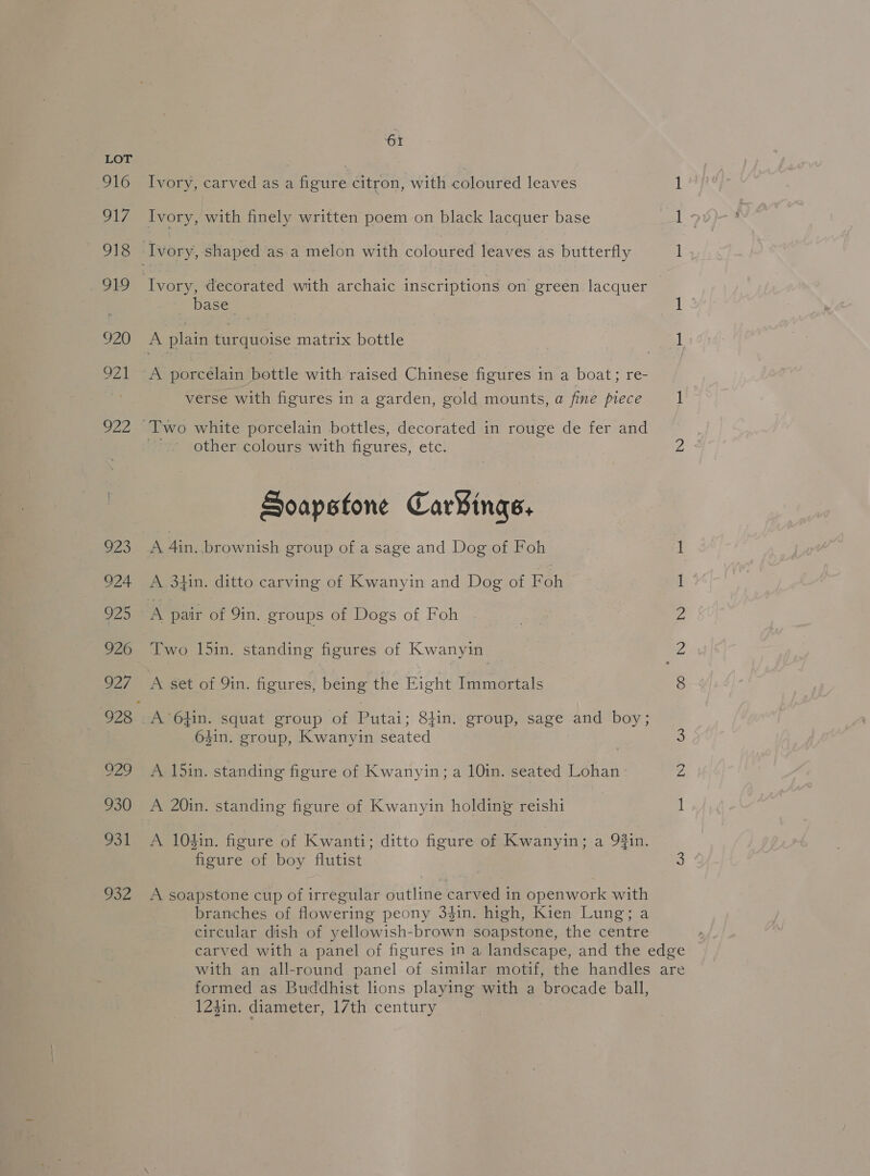 916 vy 918 O20) O71 22 923 024 925 926 927 oro 930 931 932 61 Ivory, carved as a figure citron, with coloured leaves Ivory, with finely written poem on black lacquer base base. A plain turquoise matrix bottle A porcelain bottle with raised Chinese figures in a boat; re- verse with figures in a garden, gold mounts, a fine piece other colours with figures, etc. Soapstone Car¥ings, A ea brownish group of a sage and Dog of Foh A.34in. ditto carving of Kwanyin and Dog of Foh A pair of 9in. groups of Dogs of Foh Two 15in. standing figures of Kwanyin A set of 9in. figures, being the Eight Immortals A 6fin. squat group of Putai; 8}in. group, sage and boy; 6sin. group, Kwanyin seated A 15in. standing figure of Kwanyin; a 10in. seated Lohan» A 20in. standing figure of Kwanyin holding reishi A 104in. figure of Kwanti; ditto figure of Kwanyin: a 9%in. figure of boy flutist A soapstone cup of irregular outline carved in openwork with branches of flowering peony 34in. high, Kien Lung; a circular dish of yellowish-brown soapstone, the centre formed as Buddhist lions playing with a brocade ball, 123in. diameter, 17th century