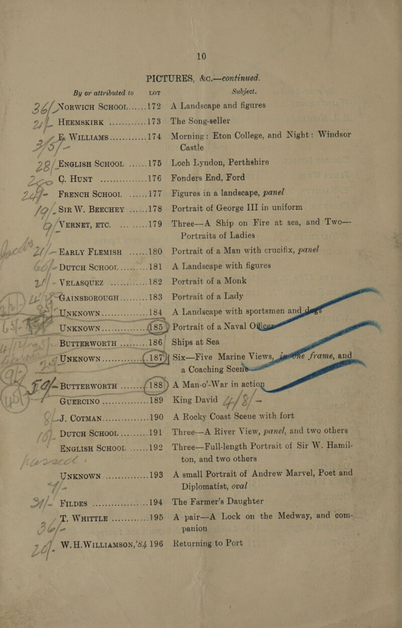10 By or attributed to  W.H.WILiLIAMSON, 84 196 Subject. A Landscape and figures     | HBEMSKIRK 4.30.5 -8.. 173 The Song-seller i 4 ye WitiLiaAMbieis ok aikk 174 Morning: Eton College, and Night: Windsor A} o/ Castle 28) ENGLISH SCHOOL) Fin.) 175 Loch Lyndon, Perthshire fee G Hunt Gores 176 Fonders End, Ford be {fe FRENCH SCHOOL ...... 177 Figures in a landscape, panel 19 ‘ Sir W. BEECHEY ...... 178. Portrait of George III in uniform la, ‘Vernet, ETC. ... .....179 Three—A Ship on Fire at sea, and Two— 7 Portraits of Ladies 2//— EARLY FLEMISH ...... 180 Portrait of a Man with crucifix, panel | bf DUTCH SCHOOL ...... ..181 A Landscape with figures Lf Ps VELASQUEZ Sk? 3 > 182 Portrait of a Monk f\ LLY, -GAINSBOROUGH......... 183 Portrait of a Lady x at 2S Unknown eeseeteesetes 1 ee A Landscape with sportsmen and ly ig i UNKNOWN...... e ae ss 85) Portrait of a Naval O tp jit af _. BUTTERWORTH ....... -.186 Ships at Sea , | Ye, - @ UNKNOWN yore Serene we § 187) Six—Five Marine Views, Srame, and Vie) am a Coaching Scen SS oe f Fab BUTTERWORTH me py A Man-o’-War in actio be eee iP / (, 9. PGUMROINO 4000 aset =: 189 King David , é, / 3/ _ x OLs b-OOTMONTE, ou cercentue 190 A Rocky Coast Scene with fort DuTCH SCHOOL ......... 191 Three—A River View, panel, and two others ENGLISH SCHOOL ...... 192 Three—Full-length Portrait of Sir W. Hamil- ¢ C ton, and two others | . , YNKNOWN Reo ee 193 A small Portrait of Andrew Marvel, Poet and whee Diplomatist, oval - Mf s. MILDER 7. 0. ate fe 194 ‘The Farmer’s Daughter | T WHITTLE coe ie 195 A-pair—A Lock on the Medway, and com- 3 panion Returning to Port