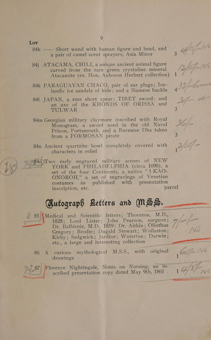 Lot 84h  Short wand with human figure and head, and a pair of camel scent sprayers, Asia Minor 3 845 ATACAMA, CHILI, a unique ancient animal figure Ps carved from the rare green crystaline mineral hd Atacamite (ex. Hon. Auboron Herbert collection) 1 Pee ae AGUAYAN CHACO,.pair of ear plugs} Ice- 2¢ landic ice sandals of hide; and a Siamese buckle 4 841 JAPAN, a_rare short spear; TIBET sword; and an axe of the KHONDS OF. ORISSA and TULWAR 3 84m Georgian military claymore inscribed with Royal Monogram, a sword used in the old Naval Prison, Portsmouth, and a Burmese Dha taken from a FORMOSAN pirate 4S 84n Ancient quartzite bowl completely covered with 2, characters in relief 1 on 2.7840) Two early engraved military scenes of NEW LX) t—— YORK and PHILADELPHIA (circa 1690), a Fy set of the four Continents, a native “ I-KAO- ONOROH,” a set of engravings of Venetian costumes as published with presentation inscription, etc. parcel Autoqrap$ Betfers and MSS. * 85\\Medical and Scientific letters; Thornton, M.D; emenane 1828: Lord Lister; John Pearson, surgeon; #7 —— sD. Balbirnie, M.D., 1859; Dr. Aitkin; Olinthus , Gregory; Brodie; Dugald Stewart; Wollaston; ‘Kirby; Sedgwick; Jardine; Waterton; Darwin; etc., a large and interesting collection eT ee 86 A curious mythological M.5.5., with original ; drawings 1 957_87| lorence Nightingale, Notes on Nursing, an in- Etat scribed presentation copy dated May 9th, 1861 1o¢ Pitranty yo Pee aT