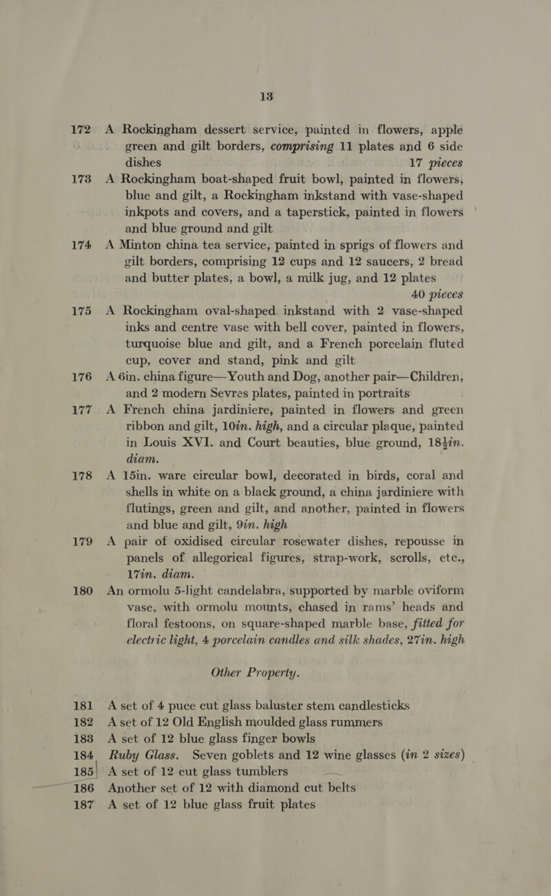 172: 173 174 175 176 177 178 179 180 181 182 183 184. 185) 186 13 A Rockingham dessert service, painted in flowers, apple green and gilt borders, comprising 11 plates and 6 side dishes 17 pieces A Rockingham boat-shaped fruit bowl, painted in flowers, blue and gilt, a Rockingham inkstand with vase-shaped inkpots and covers, and a taperstick, painted in flowers and blue ground and gilt A Minton china tea service, painted in sprigs of flowers and eilt borders, comprising 12 cups and 12 saucers, 2 bread and butter plates, a bowl, a milk jug, and 12 plates 40 pieces A Rockingham oval-shaped inkstand with 2 vase-shaped inks and centre vase with bell cover, painted in flowers, turquoise blue and gilt, and a French porcelain fluted cup, cover and stand, pink and gilt A 6in. china figure— Youth and Dog, another pair—Children, and 2 modern Sevres plates, painted in portraits A French china jardiniere, painted in flowers and green ribbon and gilt, 10in. high, and a circular plaque, painted in Louis XVI. and Court beauties, blue ground, 1847n. diam. A 15in. ware circular bowl, decorated in birds, coral and shells in white on a black ground, a china jardiniere with flutings, green and gilt, and another, painted in flowers and blue and gilt, 97n. high A pair of oxidised circular rosewater dishes, repousse in panels of allegorical figures, strap-work, scrolls, ete., 17in. diam. An ormolu 5-light candelabra, supported by marble oviform vase, with ormolu mounts, chased in rams’ heads and floral festoons, on square-shaped marble base, fitted for electric light, 4 porcelain candles and silk shades, 27in. high Other Property. A set of 4 puce cut glass baluster stem candlesticks A set of 12 Old English moulded glass rummers A set of 12 blue glass finger bowls Ruby Glass. Seven goblets and 12 wine glasses (in 2 sizes) — A set of 12 cut glass tumblers Another set of 12 with diamond cut belts