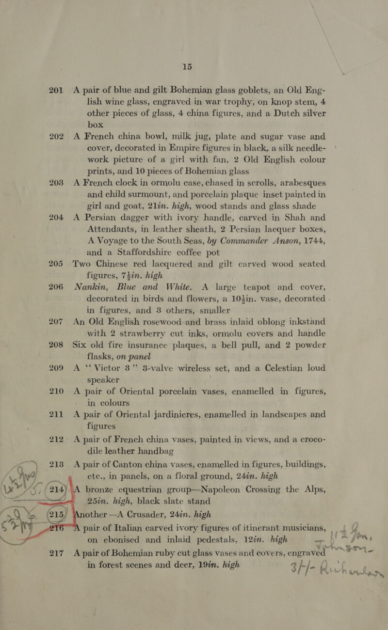 201 A pair of blue and gilt Bohemian glass goblets, an Old Eng- lish wine glass, engraved in war trophy, on knop stem, 4 other pieces of glass, 4 china figures, and a Dutch silver box 202 A French china bowl, milk jug, plate and sugar vase and cover, decorated in Empire figures in black, a silk needle- work picture of a girl with fan, 2 Old English colour prints, and 10 pieces of Bohemian glass 203. A French clock in ormolu case, chased in scrolls, arabesques and child surmount, and porcelain plaque inset painted in girl and goat, 21in. high, wood stands and glass shade 204 A Persian dagger with ivory handle, carved in Shah and Attendants, in leather sheath, 2 Persian lacquer boxes, A Voyage to the South Seas, by Commander Anson, 1744, and a Staffordshire coffee pot 205 Two Chinese red lacquered and gilt carved wood seated figures, 74in. high 206 Nankin, Blue and White. A large teapot and cover, in figures, and 3 others, smaller 207 An Old English rosewood and brass inlaid oblong inkstand with 2 strawberry cut inks, ormolu covers and handle 208 Six old fire insurance plaques, a bell pull, and 2 powder flasks, on panel 209 A ‘‘ Victor 3” 3-valve wireless set, and a Celestian loud speaker 210 A pair of Oriental porcelain vases, enamelled in figures, in colours 211 A pair of Oriental jardinieres, enamelled in landscapes and figures 212 A pair of French china vases, painted in views, and a croco- dile leather handbag 213 A pair of Canton china vases, enamelled in figures, buildings,    a. i etc., in panels, on a floral ground, 24in. high Ly ‘ 214) A bronze equestrian group—Napoleon Crossing the Alps, ed 25in. high, black slate stand fi 3 other —A Crusader, 247n. high We sk ee pair of Italian carved ivory figures of itmmerant musicians, |. y elite on ebonised and inlaid pedestals, 12in. hogh poe te \Fr1-