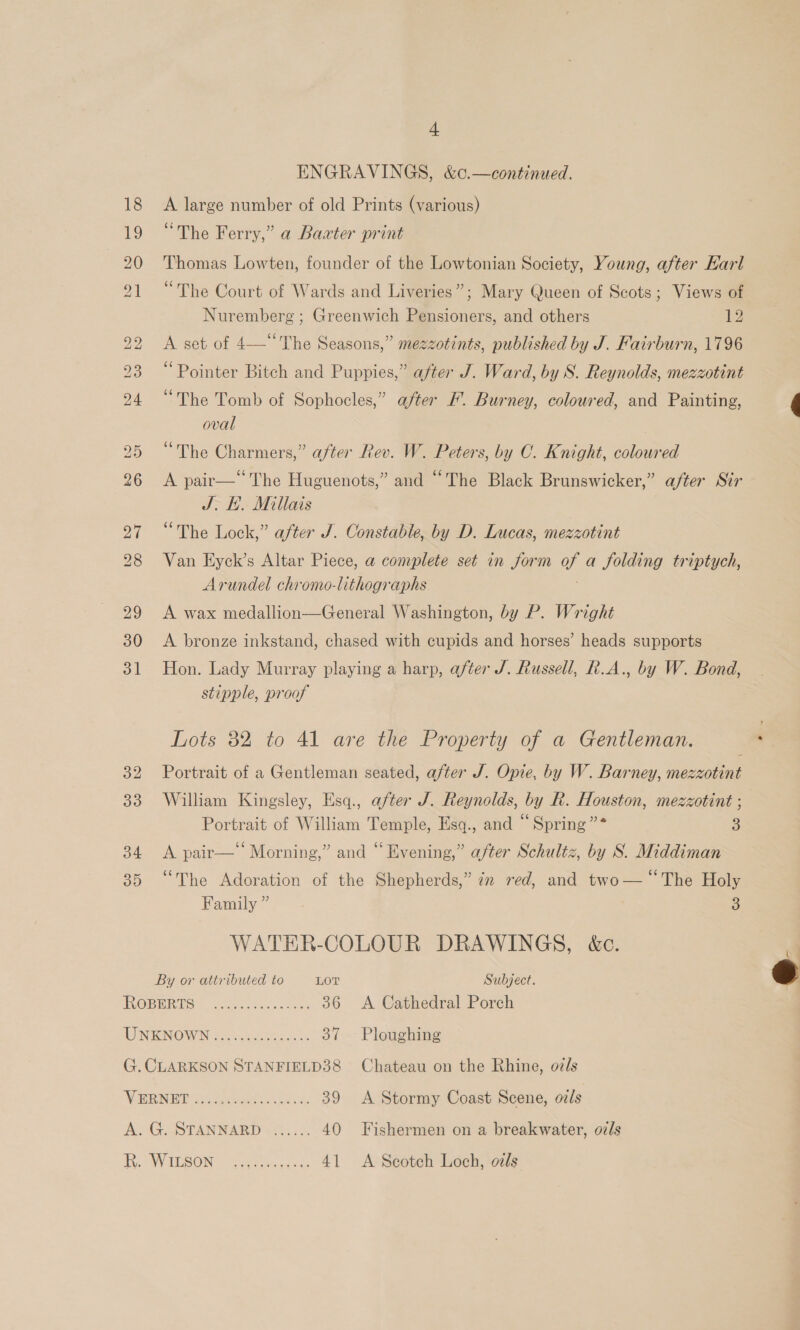  18 A large number of old Prints (various) 19 “The Ferry,” a Baater print 20 Thomas Lowten, founder of the Lowtonian Society, Young, after Earl 21 “The Court of Wards and Liveries”; Mary Queen of Scots; Views of Nuremberg; Greenwich Pensioners, and others 12 92 A set of 4—“The Seasons,” mezzotints, published by J. Fairburn, 1796 23 “Pointer Bitch and Puppies,” after J. Ward, by S. Reynolds, mezzotint 24 “The Tomb of Sophocles,” after F. Burney, coloured, and Painting, q oval 25 “The Charmers,” a/ter Rev. W. Peters, by C. Knight, coloured 26 &lt;A pair— The Huguenots,” and “The Black Brunswicker,” after Sir J. KH. Millais 27 “The Lock,” after J. Constable, by D. Lucas, mezzotint 28 Van Eyck’s Altar Piece, a complete set in form o a folding triptych, Arundel chromo-lithographs 29 A wax medallion—General Washington, by P. Wright 30 &lt;A bronze inkstand, chased with cupids and horses’ heads supports 31 Hon. Lady Murray playing a harp, after J. Russell, R.A., by W. Bond, stipple, proof Lots 32 to 41 are the Property of a Gentleman. . 32 Portrait of a Gentleman seated, after J. Opie, by W. Barney, mezzotint 33 William Kingsley, Esq., after J. Reynolds, by R. Houston, mezzotint ; Portrait of William Temple, Esq., and “Spring ”* 3 34 &lt;A pair— Morning,” and “ Evening,” after Schultz, by S. Middiman 35 “The Adoration of the Shepherds,” 7x red, and two— “The Holy  Family ” 3 WATER-COLOUR DRAWINGS, &amp;c. By or attributed to LOT Subject. ORURTG coid.ta.. cco) 36 A Cathedral Porch INTGNIOW IN Mert clea the 37 ~=Ploughing G. CLARKSON STANFIELD38 Chateau on the Rhine, ozls A BaP “Sth Screen she A 39 &lt;A Stormy Coast Scene, ozls A. G. STANNARD ...... 40 Fishermen on a breakwater, oz/s f. Was ON ee fos: 41 A Scotch Loch, odls