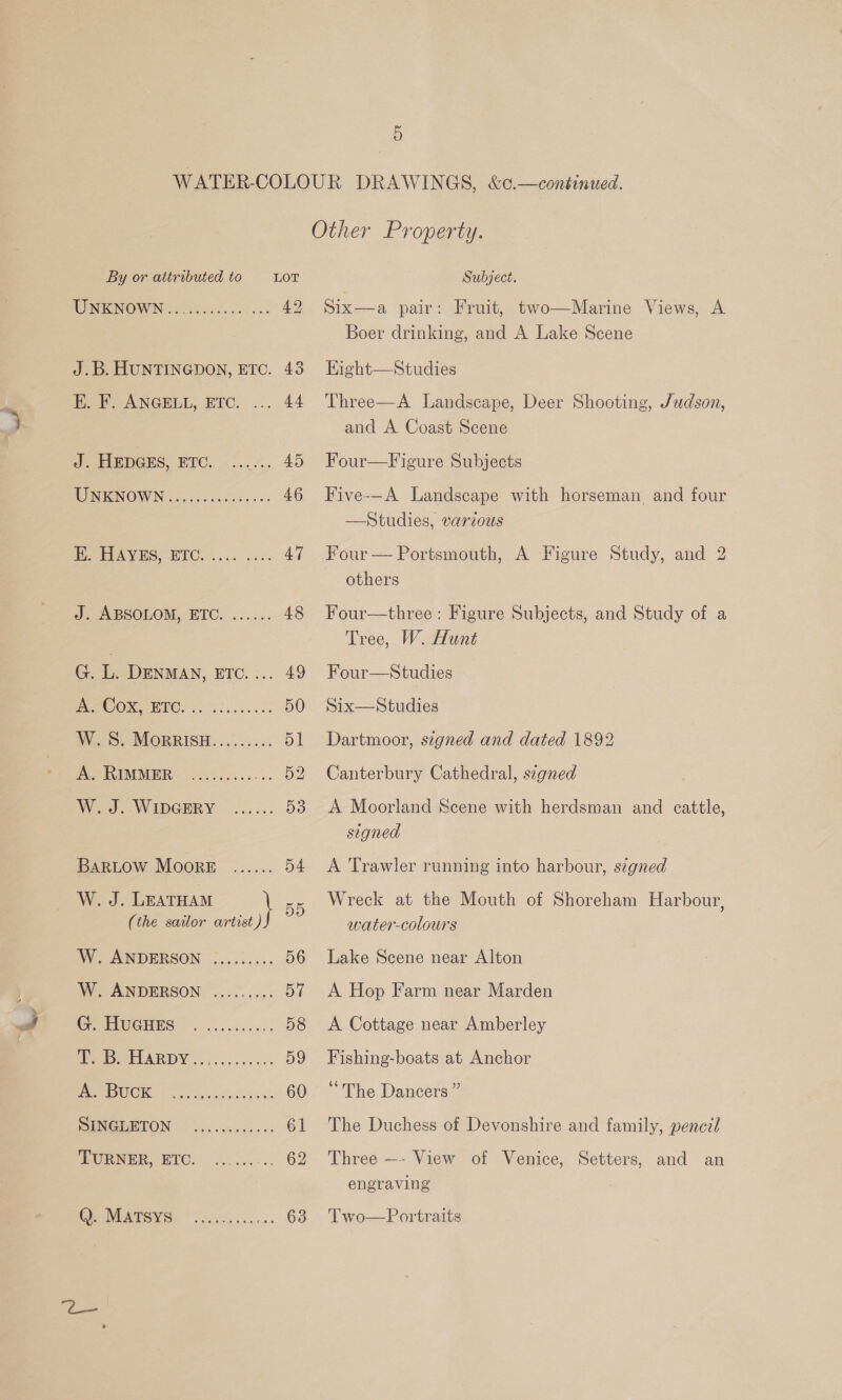 fee UNKNOWN A es ea 49 J.B. HUNTINGDON, ETC. 43 Hod ANGELL, ETC. ... -44 Po lbDGiS, ETC. &lt;..0.. 45 TONNOWN cro icdeccess sa 46 DP AVES, ETO. 5... 5. 47 J. ABSOLOM, ETC. ...... 48 G. L. DENMAN, ETc.... 49 PeeO Oe BIC. 2. ale. s sds 50 W. S. MORRISH.......&lt;. 51 7 LG 051 eee 52 Wad WV IDGRRY. %.... 53 BARLOW MOORE ...... 54 W. J. LEATHAM 5 (the sailor artist)) ° W. ANDERSON ......... 56 W. ANDERSON ......... 57 CretIWGHES = oo. .cs ec, 58 PEARY. 5.506... 59 ASL OE ra ae a 60 PINGEETON © .....:5:..- 61 een NER BEC, 255... 5. 62 CWA “Soc. cue 63 Six—a pair: Fruit, two—Marine Views, A Boer drinking, and A Lake Scene Kight—Studies Three—A Landscape, Deer Shooting, Judson, and A Coast Scene Four—Figure Subjects Five-—-A Landscape with horseman and four —Studies, various Four — Portsmouth, A Figure Study, and 2 others Four—three: Figure Subjects, and Study of a Tree, W. Hunt Four—Studies Six—Studies Dartmoor, signed and dated 1892 Canterbury Cathedral, signed A Moorland Scene with herdsman and cattle, signed A Trawler running into harbour, signed Wreck at the Mouth of Shoreham Harbour, water-colours Lake Scene near Alton A Hop Farm near Marden A Cottage near Amberley Fishing-boats at Anchor “The Dancers ” The Duchess of Devonshire and family, pencil Three —- View of Venice, Setters, and an engraving Two—Portraits