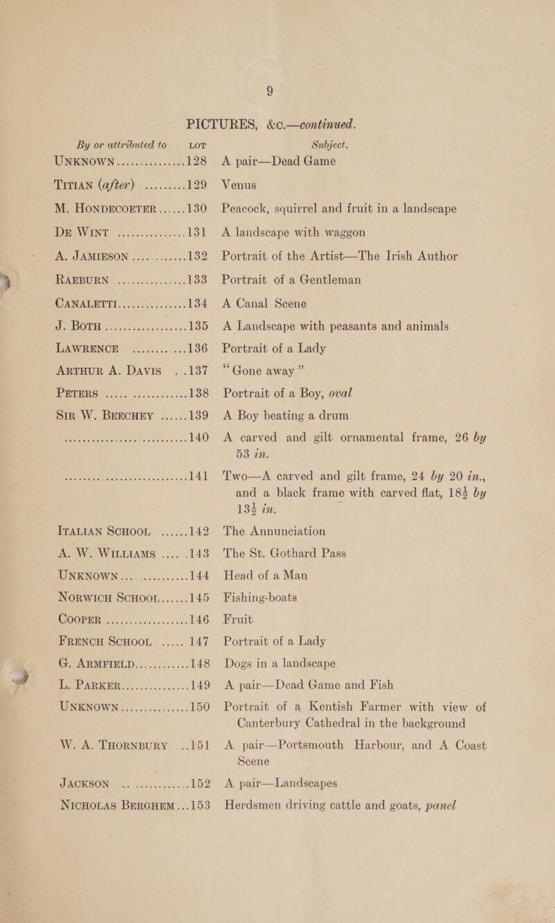 PICTURES, &amp;c.—continued. By or attributed to LOT Subject. WNENOWN 3o4.. J8s0s.e ces 128 &lt;A pair—Dead Game Alyn (after) 21.1622. 129 Venus M. HONDECOETER...... 130 Peacock, squirrel and fruit in a landscape WD VVIINT 0504 diakss.&gt;. 131 A landscape with waggon Hien) AMIBSON 0. . 0.053. 132 Portrait of the Artist—The Irish Author Be BURN acc) seen «05 Ss 1383 Portrait of a Gentleman J 7 | ee a 134 A Canal Scene Me OMe rts hacen 5: 135 A Landscape with peasants and animals LAWRENCE ........ .... 1386 Portrait of a Lady Artur A. Davis ..137 “Gone away ” IDES See oe 138 Portrait of a Boy, oval Sir W. BeRcHEY ...... 139 &lt;A Boy beating a drum DoE Ce ee 140 &lt;A carved and gilt ornamental frame, 26 by 53 in. ee eK ees... 14 “Two-=A carved and gilt trame, 24 by 20 27., and a black frame with carved flat, 184 by 134 an. ITALIAN SCHOOL ...... 142. The Annunciation A. W. WituiaMs .... 143 The St. Gothard Pass WIIONOWIN 25, &lt;4sc...:-: 144 Head of a Man NORWICH SCHOOL...... 145 Fishing-boats OOo ee eee 146 Fruit FRENCH SCHOOL ..... 147 Portrait of a Lady CAR MPIELD..0..&lt;...%. 148 Dogs in a landscape PARI... oecc cng. cs 149 A pair—Dead Game and Fish DINIENOWN oo ice cacsbs ons 150 Portrait of a Kentish Farmer with view of Canterbury Cathedral in the background W. A. THORNBURY ...151 &lt;A pair—Portsmouth Harbour, and A Coast Scene POISON ec shncs dence 152 A pair—Landscapes NicHoLAS BercHem...153 Herdsmen driving cattle and goats, panel