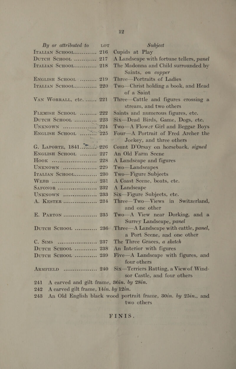 ITALIAN SCHOOL...........5 216 Dutcn ScHoOOL :. 6st 217 ITALIAN SCHOOL.....:..00.: 218 ENGLISH SCHOOL * ........% 219 ITALIAN SCHOOL... .\.dteeee 220 Van WoRRALL, ete. ...... 221 FLEMISH SCHOOL ......... 222 DuTcH SCHOOL tS siee.e 223 UNENOWN: Si6.05 csescascinee 224 ENGLISH SCHOOL ....:.22° 225 G. Laporte, 1841... Psi3 226 ENGLISH SCHOOL ......... 227 Hook’ “Hi teee: fers es 228 UNKNOWI Delores... RC 229 ITALIAN SCHOOL............ 230 WEB ‘ 27TRU iis AS 231 SAFONORBG2.0 ses 232 UNENOWR Dike eS 233 A: “RK eT Bite. .. ere. 234 i. PARTON Ava ae lees 235 AAG SCHOOL an kseeeie ess 236 C),: IMB A eae. vo. cn ite vewenta.e 237 Durcu SEMOOL . .... 7 Ati 238 Dutrcu SGBOOL ti ANks.!.s.: 239 ARMFIELD! . 27M: 240 12 Cupids at Play A Landscape with fortune tellers, panel The Madonna and Child surrounded by Saints, on copper Three—Portraits of Ladies Two—Christ holding a book, and Head of a Saint Three—Cattle and figures crossing a stream, and two others Saints and numerous figures, etc. Six—Dead Birds, Game, Dogs, ete. Two—A Flower Girl and Beggar Boys Four—A Portrait of Fred Archer the Jockey, and three others Count D’Orsay on horseback, signed An Old Farm Scene A Landscape and figures Two—Landscapes Two—Figure Subjects A Coast Scene, boats, etc. A Landscape Six—Figure Subjects, etc. Three— Two—Views in Switzerland, and one other Two—A View near Dorking, and a Surrey Landscape, panel Three—A Landscape with cattle, panel, a Port Scene, and one other The Three Graces, a sketch An Interior with figures Five—A Landscape with figures, and four others Six—Terriers Ratting, a View of Wind- sor Castle, and four others two others