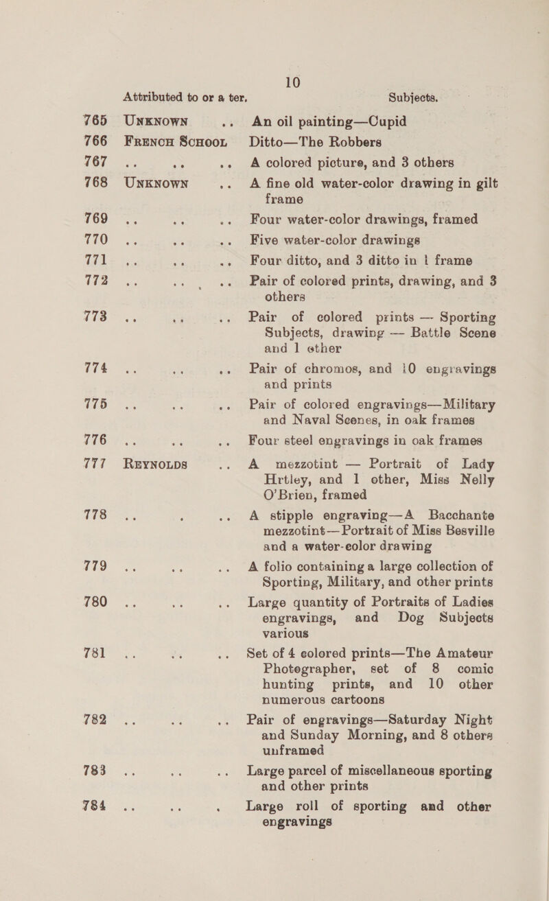 765 767 768 769 770 771 172 773 774 775 776 cid 778 779 780 782 783 784 UNKNOWN UNKNOWN REYNOLDS 10 | Subjects. An oil painting—Cupid Ditto—The Robbers A colored picture, and 3 others A fine old water-color drawing in gilt frame Four water-color drawings, framed Five water-color drawings Four ditto, and 3 ditto in | frame Pair of colored prints, drawing, and 3 others Pair of colored prints — Sporting Subjects, drawing — Battle Scene and 1 ether Pair of chromos, and i0 engravings and prints Pair of colored engravings— Military and Naval Scenes, in oak frames Four steel engravings in oak frames A mezzotint — Portrait of Lady Hrtley, and 1 other, Miss Nelly O’Brien, framed A stipple engraving—A JBacchante mezzotint — Portrait of Miss Besville and a water-eolor drawing A folio containing a large collection of Sporting, Military, and other prints Large quantity of Portraits of Ladies engravings, and Dog Subjects various Set of 4 colored prints—The Amateur Photegrapher, set of 8 comic hunting prints, and 10 other numerous cartoons Pair of engravings—Saturday Night and Sunday Morning, and 8 others unframed Large parcel of miscellaneous sporting and other prints Large roll of sporting and other engravings