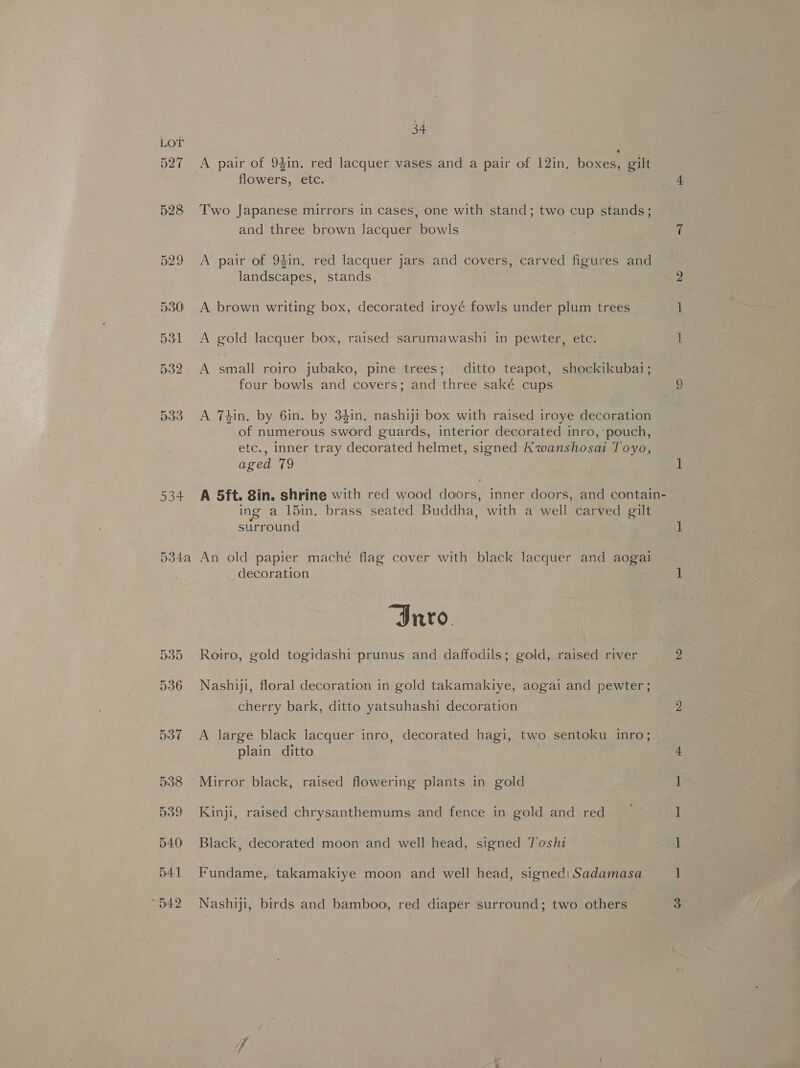 527 Beh 53d4a 34 A pair of 94in. red lacquer vases and a pair of 12in, boxes, gilt flowers, etc. Two Japanese mirrors in cases, one with stand; two cup stands; and three brown lacquer bowls A pair of 94in. red lacquer jars and covers, carved figures and landscapes, stands A brown writing box, decorated iroyé fowls under plum trees A gold lacquer box, raised sarumawashi in pewter, etc. A small roiro jubako, pine trees; ditto teapot, shockikubai ; four bowls and covers; and three saké cups A 7T4in. by 6in. by 34in, nashiji box with raised iroye decoration of numerous sword guards, interior decorated inro, pouch, etc., inner tray decorated helmet, signed Kwanshosai Toyo, aged 79 ing a 15in. brass seated Buddha, with a well carved gilt surround : An old papier maché flag cover with black lacquer and aogai decoration Invo. Roiro, gold togidashi prunus and daffodils; gold, raised river Nashii, floral decoration in gold takamakiye, aogai and pewter; cherry bark, ditto yatsuhashi decoration A large black lacquer inro, decorated hagi, two sentoku inro; plain ditto Mirror black, raised flowering plants in gold Kinji, raised chrysanthemums and fence in gold and red Black, decorated moon and well head, signed Toshi Fundame, takamakiye moon and well head, signed: Sadamasa Nashiji, birds and bamboo, red diaper surround; two others ie)
