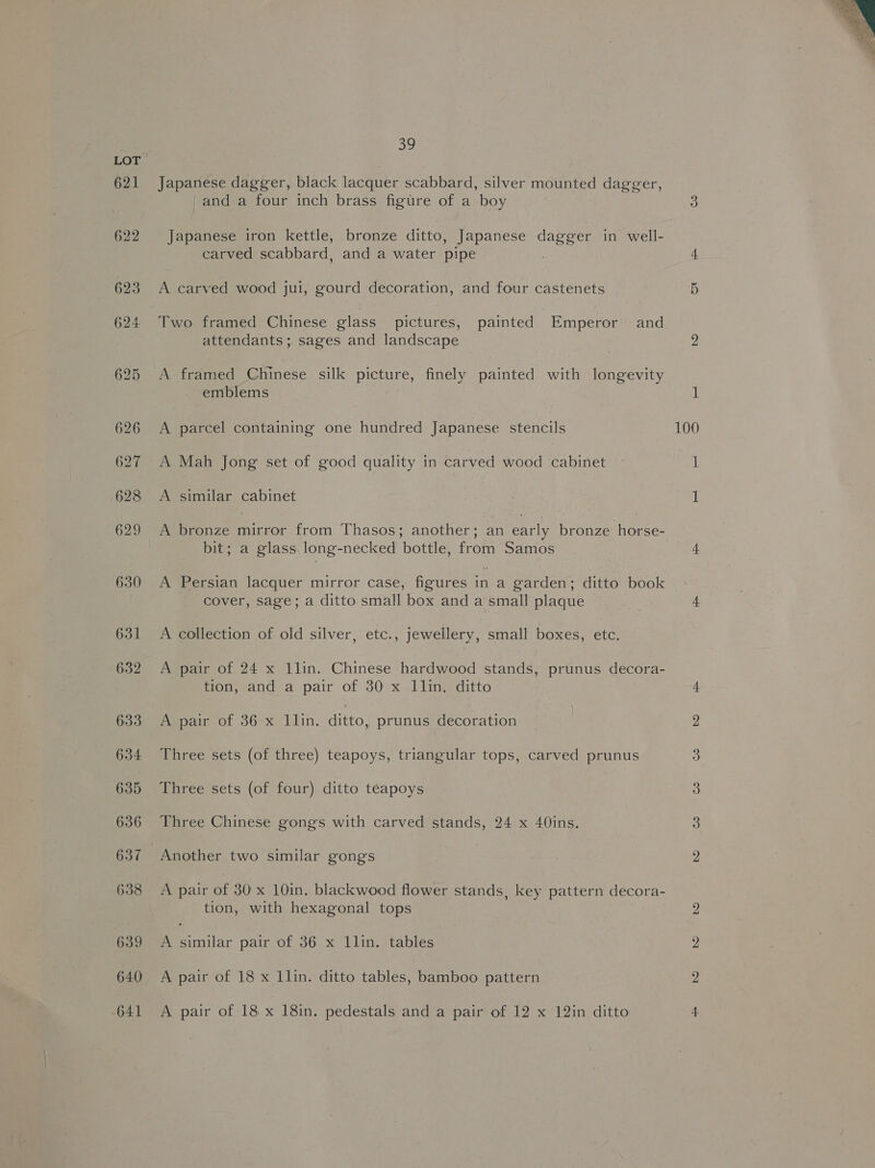 621 39 Japanese dagger, black lacquer scabbard, silver mounted dagger, and a four inch brass figure of a boy Japanese iron kettle, bronze ditto, Japanese dagger in well- carved scabbard, and a water pipe 4 A carved wood jui, gourd decoration, and four castenets 5 Two framed Chinese glass pictures, painted Emperor and attendants ; sages and landscape 2 A framed Chinese silk picture, finely painted with longevity emblems A parcel containing one hundred Japanese stencils 100 A Mah Jong set of good quality in carved wood cabinet — 1 A similar cabinet 1 A bronze mirror from Thasos; another; an early bronze horse- bit; a glass. long-necked bottle, from Samos 4 A Persian lacquer mirror case, figures in a garden; ditto book cover, sage; a ditto small box and a small plaque 4 A collection of old silver, etc., jewellery, small boxes, etc. A pair of 24 x 1lin. Chinese hardwood stands, prunus decora- tion, and a pair of 30 x Illin. ditto 4 A pair of 36 x lin. ditto, prunus decoration 2 Three sets (of three) teapoys, triangular tops, carved prunus 3 Three sets (of four) ditto teapoys 3 Three Chinese gongs with carved stands, 24 x 40ins. 3 Another two similar gong's 2 A pair of 30 x 10in. blackwood flower stands, key pattern decora- tion, with hexagonal tops 2 A similar pair of 36 x llin. tables 2 A pair of 18 x Llin. ditto tables, bamboo pattern 2 A pair of 18 x 18in. pedestals and a pair of 12 x 12in ditto 4 