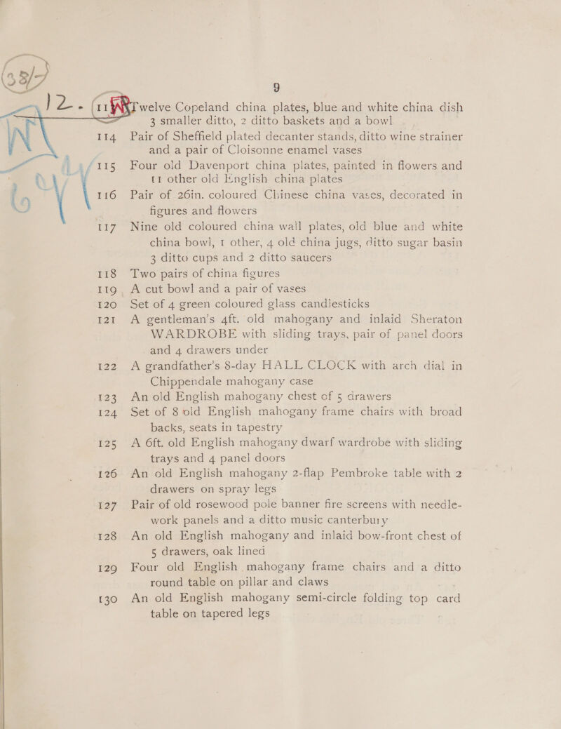   i é I 15  £23 124 135 126 La7 128 129 [30 9 welve Copeland china plates, blue and white china dish 3 smaller ditto, 2 ditto baskets and a bow] Pair of Sheffield plated decanter stands, ditto wine strainer and a pair of Cloisonne enamel vases Four old Davenport china plates, painted in flowers and t1 other old English china plates Pair of 26in. coloured Chinése* china vases, decorated ‘in figures and flowers Nine old coloured china wall plates, old blue and white china bowl, t other, 4 old china jugs, ditto sugar basin 3 ditto cups and 2 ditto saucers Two pairs of china figures A cut bow] and a pair of vases Set of 4 green coloured glass candlesticks A gentleman’s 4ft. old mahogany and inlaid Sheraton WARDROBE with sliding trays, pair of panel doors and 4 drawers under A grandfather’s 8-day HALL CLOCK with arch dial in Chippendale mahogany case An old English mahogany chest of 5 drawers Set of 8 old English mahogany frame chairs with broad backs, seats in tapestry A 6ft. old English mahogany dwarf wardrobe with sliding trays and 4 panel doors An old English mahogany 2-flap Pembroke table with 2 drawers on spray legs Pair of old rosewood pole banner fire screens with needle- work panels and a ditto music canterbury An old English mahogany and inlaid bow-front chest of 5 drawers, oak lined Four old English mahogany frame chairs and a ditto round table on pillar and claws : An old English mahogany semi-circle folding top de table on tapered legs