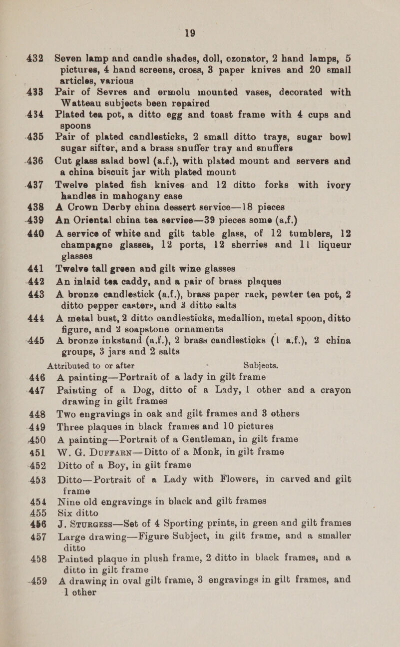 432 433 A34 A35 436 437 438 -439 440 44] 442 443 444 445 446 447 448 449 450 451 452 ADd3 454 Add 456 457 458 -A59 19 Seven lamp and candle shades, doll, ozonator, 2 hand lamps, 5 pictures, 4 hand screens, cross, 3 paper knives and 20 small articles, various Pair of Sevres and ermolu mounted vases, decorated with Watteau subjects been repaired Plated tea pot, a ditto egg and toast frame with 4 cups and spoons Pair of plated candlesticks, 2 small ditto trays, sugar bowl sugar sifter, anda brass snuffer tray and snufters Cut glass salad bowl (a.f.), with plated mount and servers and a china biscuit jar with plated mount Twelve plated fish knives and 12 ditto forks with ivory handles in mahogany ease A Crown Derby china dessert service—18 pieces An Oriental china tea serviee—39 pieces some (a.f.) A service of white and gilt table glass, of 12 tumblers, 12 champagne glasses, 12 ports, 12 sherries and 11 liqueur glasses Twelve tall green and gilt wine glasses An inlaid tea caddy, and a pair of brass plaques A bronze candlestick (a.f.), brass paper rack, pewter tea pot, 2 ditto pepper casters, and 3 ditto salts A metal bust, 2 ditto candlesticks, medallion, metal spoon, ditto figure, and 2 soapstone ornaments A bronze inkstand (a.f.), 2 brass candlesticks (1 a.f.), 2 china groups, 3 jars and 2 salts A painting—Portrait of a lady in gilt frame Painting of a Dog, ditto of a Lady, | other and a crayon drawing in gilt frames Two engravings in oak and gilt frames and 3 others Three plaques in black frames and 10 pictures A painting—Portrait of a Gentleman, in gilt frame W.G. Durrarn— Ditto of a Monk, in gilt frame Ditto of a Boy, in gilt frame Ditto— Portrait of a Lady with Flowers, in carved and gilt frame Nine old engravings in black and gilt frames Six ditto J. Sturecess—Set of 4 Sporting prints, in green and gilt frames Large drawing—Figure Subject, in gilt frame, and a smaller ditto Painted plaque in plush frame, 2 ditto in black frames, and a ditto in gilt frame A drawing in oval gilt frame, 3 engravings in gilt frames, and ‘1 other