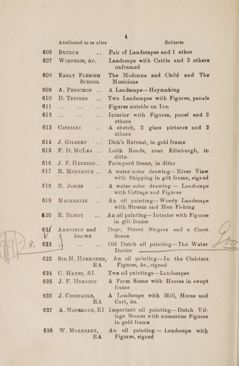 606 607 608 609 610 611 612 613 614 615 616 617 618 619 620 626 627 §28 Burevx os WIMPERIS, de, Earty FLEMIsH SCHOOL A, PERICHON D, TENIERS CIPRIANI J. GILBERT F, D. McLgEa .. J. F, HERRING.. R. Monraaue ., R. Jowns MACKENZIE E. Bunpy ARMFIELD and RA C. Hayvzs, RI J. F, Heprine J, CoNSTABLE, RA Subjects Pair of Landscapes and 1 other Landscape with Cattle and 3 others unframed : The Madonna and Child and The Musicians A Landscape— Haymaking Two Landscapes with Figures, panels Figures outside an Ion Interior with Figures, panel and 2 others A sketch, 2 glass pictures and 2 others Dick’s Retreat, in gold frame Leith Roads, ditte Farmyard Scene, in ditto near Edinburgh, in A water-color drawing— River View with Shipping in gilt frame, signed A water-color drawing — Landscape with Cottage and Figures An oil painting—Woody Landscape with Stream and Man Fishing An oil painting— Interior with Figures in gilt frame i’) Dogs, Street Singers and a Coast ly Scene - P Old Dutch eil painting—Tho Water Sf Ge Doctor = An oil painting—In the Cloisters Figures, &amp;c., signed ee eet ore caine PLR. oer OE TOI seRRERTORE WRIT AT EIR RI Two oil paintings— Landscapes A Farm Scene with Horses in swept frame A Landscape with Mill, Horse and Cart, &amp;e. W. Muxreapy, RA lage Scenes with numerous Figures in gold frame An oil painting — Landscape with Figures, signed