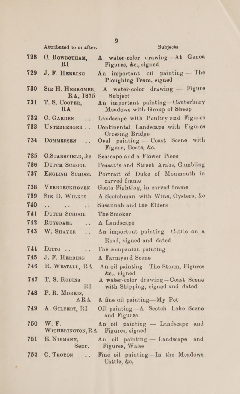 728 729 730 731 732 733 734 735 736 737 738 739 740 741 742 743 744 745 746 747 748 749 750 751 753 9 Attributed to or after. Subjects. C. RowzpotHamM, A_ water-color urawing—At Genoa RI Figures, d&amp;c., signed J. F, Herrina An important oil painting — The Ploughing Team, signed Sir H. Herkomer, A _ water-color drawing — Figure RA, 1875 Subject T. 8. Coorsr, An important painting— Canterbury RA Meadows with Group of Sheep C.Garpen .. Landscape with Poultry and Figures UNTERBERGER .. Continental Landscape with Figuies Crossing Bridge DommErsen .. Oval painting — Coast Scene with Figure, Boats, &amp;e. O.STANSFIELD, &amp;c Seascape and a Flower Piece DutcH ScHoon Peasatts and Street Arabs, Gambling EnaiisH Scuoot Portrait of Duke of Monmouth tn carved frame VERBOECKHOVEN Goats Fighting, in carved frame Sir D. WILKIE A Scotchman with Wine, Oysters, &amp;c j .. Susannah and the Elders DutcH ScHOOL The Smoker RvuysDAEL .. A Landscape W.SuHayer .. An important painting— Cattle on a Road, signed and dated Drrro: «,. . The companion painting J. F. Herrine A Farmyard Scene R. Westatt, RA An oi! painting—The Storm, Figures &amp;e., signed T. S. Rozsins A water-color drawing—Coast Scene RI with Shipping, signed and dated P. R. Morris, ARA A fine oil painting—My Pet A. GiuBErt, RI Oil painting—A Scotch Lake Scene and Figures Wek, An oil painting — Landscape and WiTHERINGTON,RA Figures, signed K. NIEMANN, An oil painting — Landscape and Senr. Figures, Wales C, TRoyon .. Fine oil painting—In the Meadows Cattle, &amp;,