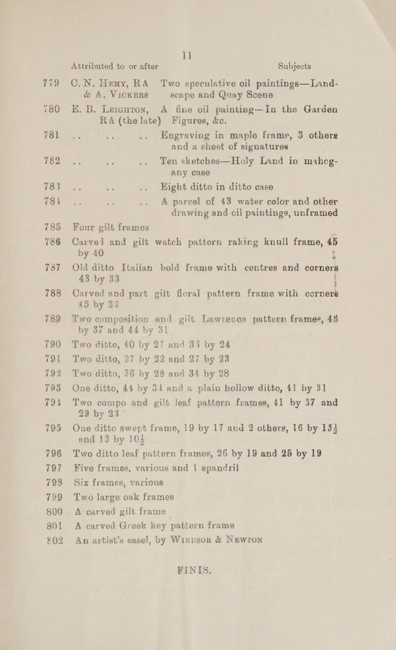 779 180 781 782 783 784 785 786 790 791 792 793 got 795 796 797 798 fe, 800 801 &amp;02 il Attributed to or after Subjects C.N. Hemy, RA Two speculative oil paintings—Land- &amp; A, ViCKERS scape and Quay Scene HB. B. Leranvon, A fine oil painting—In the Garden RA (the late) Figures, &amp;. Engraving in maple frame, 3 others and a shest of signatures Ten sketches—Holy Land in mahog- any case Hight ditto in ditto case A parcel of 43 water-celor and other drawing and oil paintings, unframed Four gilt frames | . Carvel and gilt watch pattern raking knull frame, 45 by 40 : Old ditto Italian bold frame with centres and corners 43 by 33 i Carved and part gilt floral pattern frame with corners 45 by 32 Two composition and gilt Lawrence pattern frames, 46 by 37 and 44 by 31 Two ditto, 40 by 27 and 33 by 24 Two ditto, 27 by 22 and 27 by 23 Two ditto, 26 by 28 and 34 by 28 One ditto, 44 by 34 and a plain hollow ditto, 41 by 41 Two compo and gilt leaf pattern frames, 41 by 37 and 28 by 23 One ditto swept frame, 19 by 17 and 2 others, 16 by 133 and 13 by 103 Two ditto leaf pattern frames, 26 by 19 and 25 by 19 Five frames, various and | spandril Six frames, various Two large oak frames A carved gilt frame A carved Greek key pattern frame An artist’s ease], by Winpsor &amp; Newron FINIS,