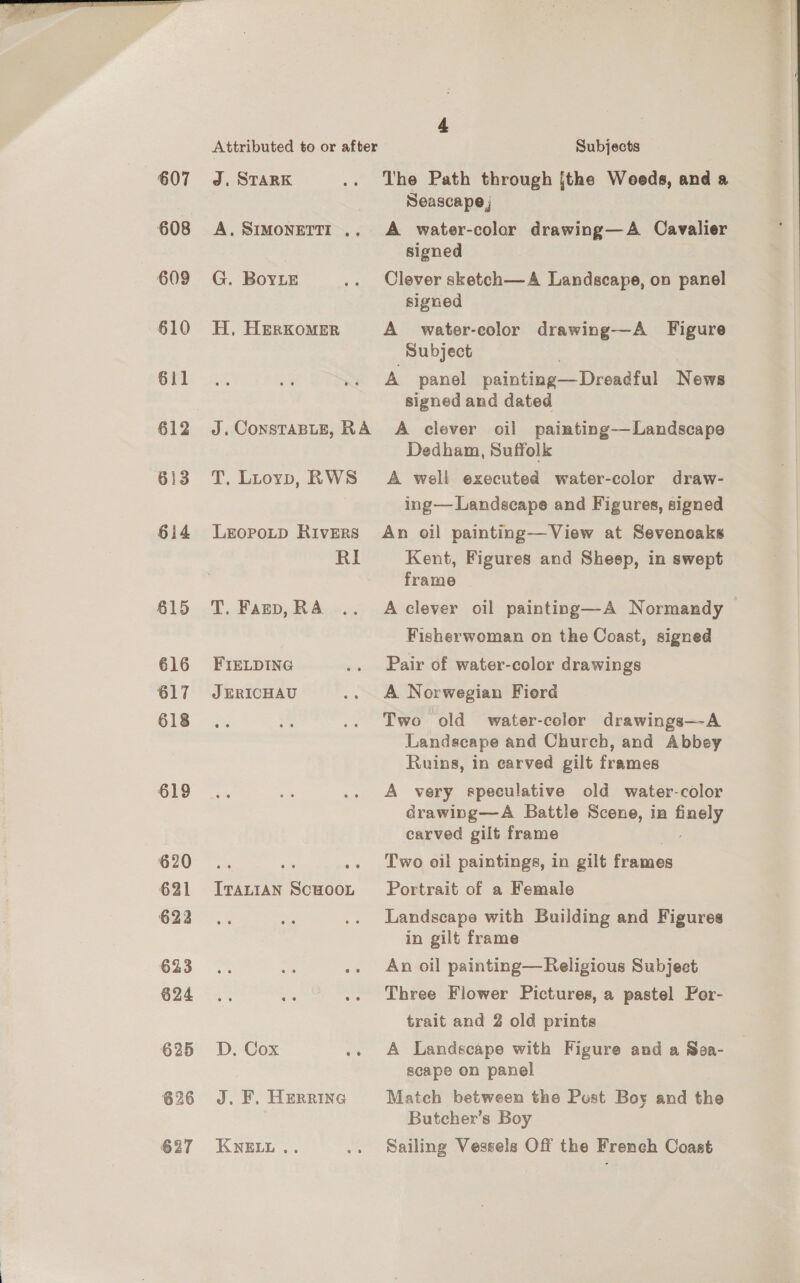 608 609 610 611 612 613 614 §15 616 617 618 619 620 622 623 624 625 626 627 Attributed to or after A, SIMONETTI .. G. BoYLe H, HERKoMER J. CONSTABLE, RA T. Liuoyp, RWS LEoPoLpD KIveErs RI T. Fanp, RA FIELDING J ERICHAU ITALIAN SCHOOL D. Cox J. F. Herring KNELL .. 4 Subjects Seascape, A water-color drawing—A Cavalier signed Clever sketch—A Landscape, on panel signed A water-eolor drawing—A Figure Subject A panel painting—- Dreadful News signed and dated A clever oil painting— Landscape Dedham, Suffolk A well executed water-color draw- ing— Landscape and Figures, signed An oil painting—View at Sevenoaks Kent, Figures and Sheep, in swept frame A clever oil painting—A Normandy Fisherwoman on the Coast, signed Pair of water-color drawings A Norwegian Fierd Two old water-color drawings—-A Landscape and Church, and Abbey Ruins, in earved gilt frames A very speculative old water-color drawing—A Battle Scene, in ayes carved gilt frame Two oil paintings, in gilt frames Portrait of a Female Landscape with Building and Figures in gilt frame An oil painting—Religious Subject Three Flower Pictures, a pastel Per- trait and 2 old prints A Landscape with Figure and a Sea- scape on panel Match between the Post Boy and the Butcher’s Boy Sailing Vessels Off the French Coast