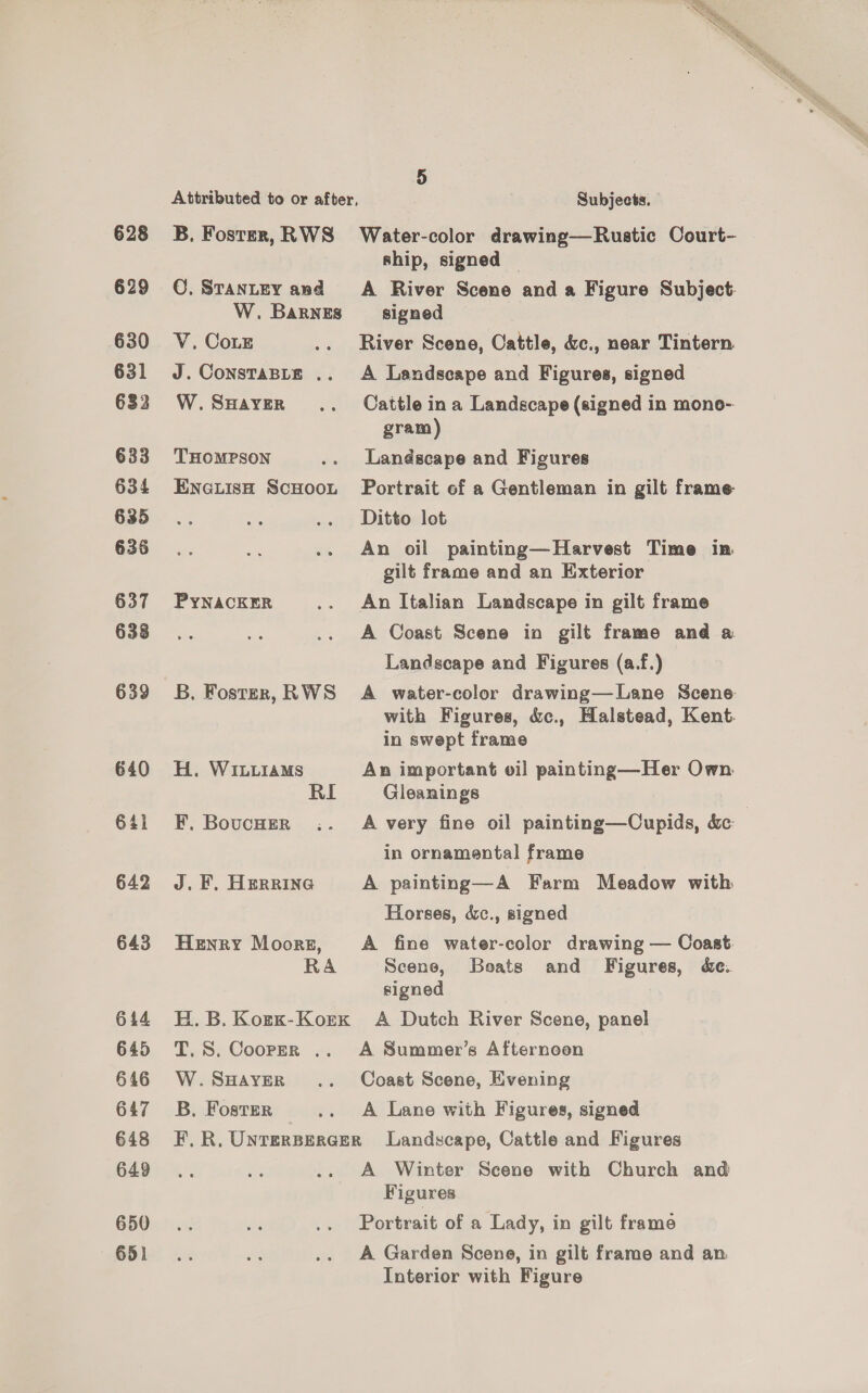 628 B. Foster, RWS Water-color drawing—Rustic Court- ship, signed | 629 ©. Srantey and A River Scene and a Figure Subject. W. Barnes signed 630 V. Coz .. River Scene, Cattle, &amp;c., near Tintern 631 J.Consrasre .. A Landscape and Figures, signed 632 W.SHaveR .. Cattle ina Landscape (signed in mone- gram) 633 THomPson .. Landscape and Figures 634 EneuisH ScHoot Portrait of a Gentleman in gilt frame 635 .. me .. Ditto lot 636. - .. An oil painting—Harvest Time in gilt frame and an Exterior 637 PyYNACKER .. An Italian Landscape in gilt frame 638. sea .. A Coast Scene in gilt frame and a Landscape and Figures (a.f.) 639 3B. Fostzrr, RWS A water-color drawing—Lane Scene with Figures, &amp;c., Halstead, Kent. in swept frame 640 H. WiLLiamMs An important oil painting—Her Own. RI Gleanings 641 EF. Boucher .. A very fine oil painting—Cupids, &amp;: | in ornamental frame 642 J. F. Herrine A painting—A Farm Meadow with: Horses, d&amp;c., signed 643 Henry Moors, A fine water-color drawing — Coast. RA Scene, Beats and Figures, é&amp;e. signed 644 H.B.Korx-Korx A Dutch River Scene, panel 645 T.S. Cooper .. A Summer’s Afternoon 646 W.SHayer .. Coast Scene, Evening 647 3B. Fosrser .. A Lane with Figures, signed 648 F.R.Unrersercer Landscape, Cattle and Figures 649. a .. A Winter Scene with Church and Figures 650... me .. Portrait of a Lady, in gilt frame Sly an ee .. A Garden Scene, in gilt frame and an Interior with Figure