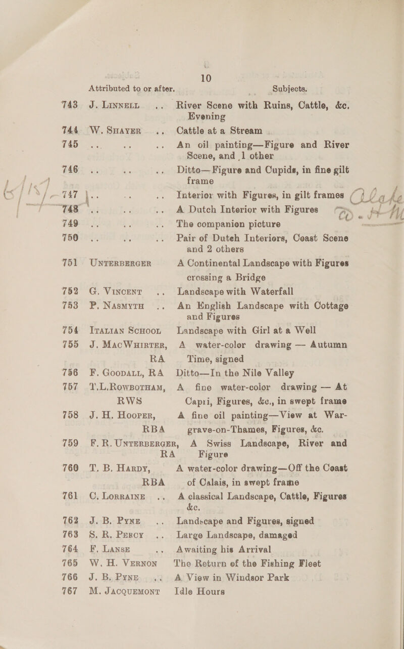 Wrries 743 744 745 746 747 749 758 751 752 753 754 755 756 757 798 759 760 761 763 764 765 766 167 J. LINNELL W. SHAYER UNTERBERGER G,. VINCENT P, NAsMyTH Irauian ScHoon J. MacW3HiRTER, RA F. Goopaut, RA T.L,.RowporHam, RWS J. H. Hooper, RBA 10 + Subjects. River Scene with Ruins, Cattle, &amp;c. Evening Cattle at a Stream An oil painting—Figure and River Scene, and 1 other Ditto— Figure and Oupids, in fine gilt frame Interior with Figures, in gilt frames OL a yo A Dutch Interior with Figures > A F The companien picture Pair ef Duteh Interiors, Coast Scene and 2 others A Continental Landscape with Figures crossing a Bridge Landscape with Waterfall An English Landscape with Cottage and Figures Landscape with Girl at a Well A water-color drawing — Autumn Time, signed Ditto—In the Nile Valley A fine water-color drawing — At Capri, Figures, &amp;c., in swept frame A fine oil painting—View at War- grave-on-Thames, Figures, «ec. T. B, Harpy, RBA C, LoRRAINE J.B. Pyne S. R. Percy F, Lanse W.H. VERNON J. B. Pyne M. JAcQuEMONT A water-color drawing—Off the Coast of Calais, in swept frame A classical Landscape, Cattle, Figures &amp;e. Landscape and Figures, signed Large Landscape, damaged Awaiting his Arrival The Return ef the Fishing Fleet A. View in Windsor Park Idle Hours
