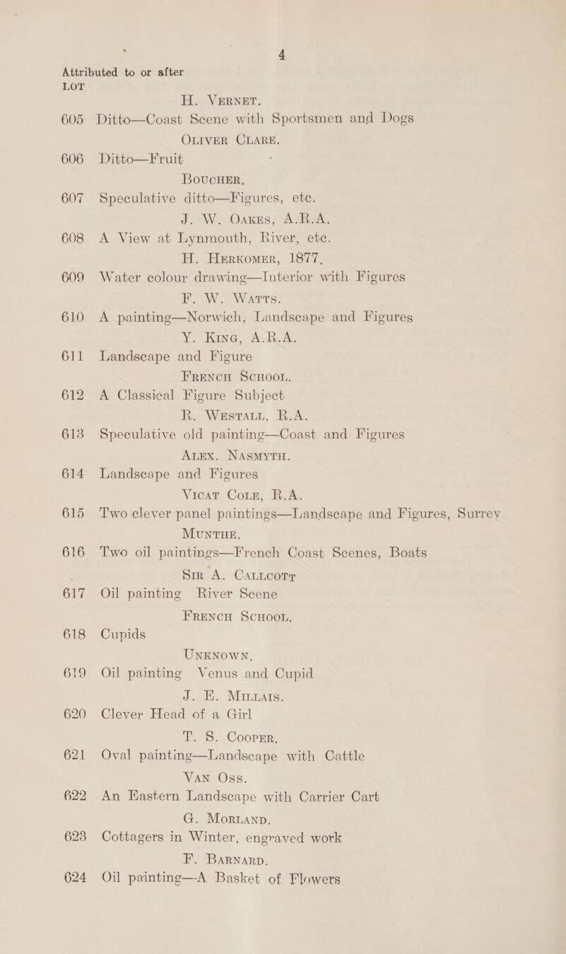 | 4 LOT 605 606 607 608 609 610 611 613 614 615 616 617 618 619 620 621 §22 H. VERNET. Ditto—Coast Scene with Sportsmen and Dogs OLIVER CLARE. Ditto—Fruit BoucHER, Speculative ditto—Figures, ete. TOW, Oakes, A.R.A. A View at Lynmouth, River, etc. H. Herxkomer, 1877, Water colour drawing—Interior with Figures BW. Wars: A painting—Norwich, Landscape and Figures Y. Kine,. AsR.A. Landscape and Figure Frencu Scnoon. A Classical Figure Subject Ry WesTaun, Rak. Speculative old paintine—Coast and Figures ALEX. NASMYTH. Landscape and Ficures Vicar Coin, de Two clever panel paintings  Landseape and Figures, Surrey MUNTHE. Two oil paintings—French Coast Scenes, Boats sir A. CaLucore Oil painting River Scene FRENCH SCHOOL. Cupids UNKNOWN, Oil painting Venus and Cupid J. K. Mirzats. Clever Head of a Girl  T. S. Coopsr. Oval paintng—Landscape with Cattle VAN Oss. An Eastern Landscape with Carrier Cart G. Moruanp. Cottagers in Winter, engraved work F. ‘BARNARD. Oil painting—-A Basket of Flowers