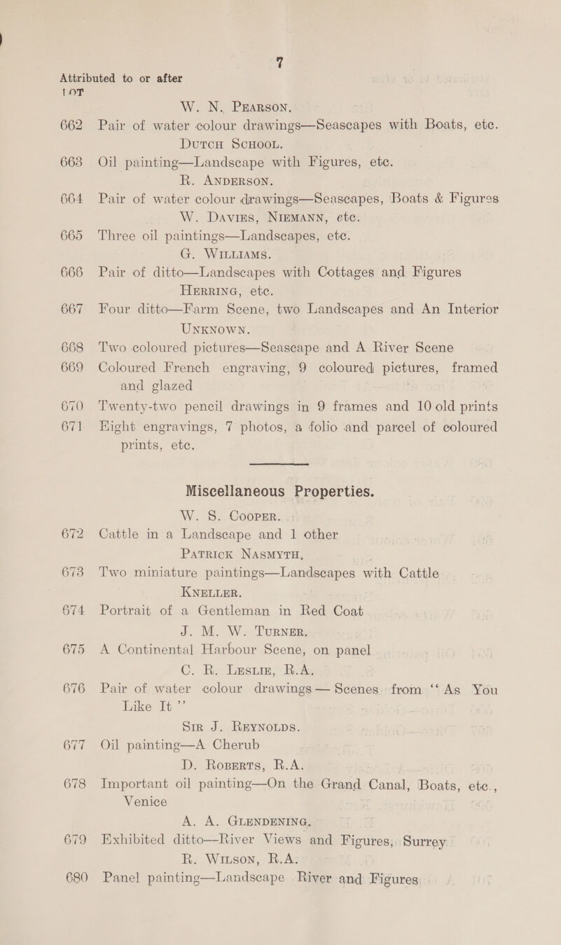 664 665 666 667 668 669 677 678 679 680 W. N. PEARSON, Pair of water colour drawings—Seascapes with Boats, etc. DutcH SCHOOL. Oil painting—Landscape with Figures, etc. R. ANDERSON. Pair of water colour drawings—Seascapes, Boats &amp; ee : W. Davies, NIEMANN, etc. Three oil paintings—Landsecapes, etc. G. WILLIAMS. Pair of ditto—Landscapes with Cottages and Figures HERRING, ete. Farm Scene, two Landscapes and An Interior   Four ditto UNKNOWN. Two coloured pictures—Seaseape and A River Scene Coloured French engraving, 9 coloured se framed and glazed 7 Twenty-two pencil drawings in 9 frames and 10 old prints Hight engravings, 7 photos, a folio and parcel of coloured prints, etc. Miscellaneous Properties. W. 8S. CoopEr. Cattle in a Landscape and 1 other Patrick NASMYTH, Two miniature paintings—Landscapes with Cattle KNELLER. | Portrait of a Gentleman in Rel Coat J. M. W. Turner. A Continental Harbour Scene, on panel C, BE Lesrin Rowse Pair of water colour drawings — Scenes. from ‘‘ As You Like It ”’ Sir J. REYNOLDS. Oil painting—A Cherub D. Roperts, R.A. : aay Important oil painting—On the Grand Canal, ‘Boats, oes, Venice A. A. GLENDENING, » Exhibited ditto—River Views and Figures, Surrey — R. Wiuson, R.A: Panel painting—Landscape . River and Figures