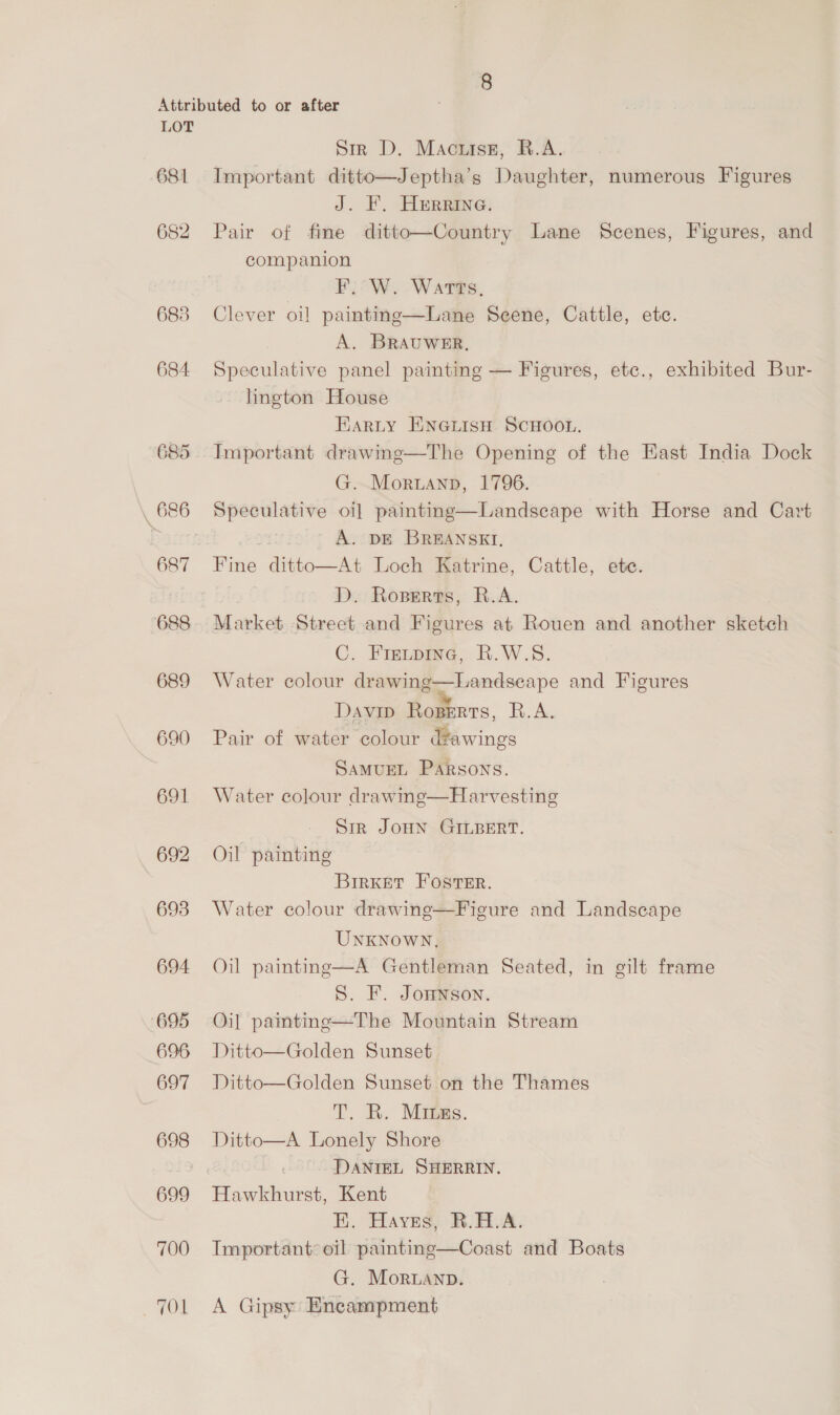 681 682 683 684. 692 693 694 695 696 697 699 700 TOL Sirk D. Mactuissz, R.A. Important ditto—Jeptha’s Daughter, numerous Figures J. F. Herrine. Pair of fine ditto—Country Lane Scenes, Figures, and companion FE. W. Watts, Clever oil painting—Lane Scene, Cattle, etc. A. BRAUWER, Speculative panel painting — Figures, etc., exhibited Bur- lington House Harty ENGLISH SCHOOL. Important drawing—The Opening of the East India Dock G. Morwanp, 1796. Speculative oi] painting—Landscape with Horse and Cart A. DE BREANSEI,   D. Roperts, R.A. Market Street and Figures at Rouen and another sketch C. Frevpine, R.W.S. Water colour drawing—Landseape and Figures Davip Ropers, R.A. Pair of water colour dawings  SAMUEL PARSONS. Water colour drawing—Harvesting Sir JOHN GILBERT. Oil painting BrrKet Foster. Water colour drawine—Figure and Landscape UNKNOWN, Oil painting—A Gentleman Seated, in gilt frame S. F. Jonnson. Oi] paintine—The Mountain Stream Ditto—Golden Sunset Ditto—Golden Sunset on the Thames T. R. Miras. Ditto—A Lonely Shore DANIEL SHERRIN. E. Haves, R.H.A. Important: oil painting—Coast and Boats G. Moruanp. A Gipsy Encampment
