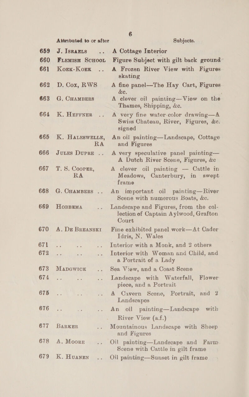 659 660 661 662 663 664 665 666 667 668 669 671 672 673 674 675 676 677 678 679 Attributed to or after J. ISRAELS FLEMISH SCHOOL Korx-K ork D, Cox, RWS G, CHAMBERS K., HEFFNER K. HALESWELLE, RA JULES DUPRE .. T. S. Coopsr, RA G. CHAMBERS .. HoBBEMA A. DE BREANSKI Mape@wick BARKER A. Moores K. Huanen 6 Subjects. A Cottage Interior Figure Subject with gilt back ground’ A Frozen River View with Figures skating A fine panel—The Hay Cart, Figures &amp;e, A elever oil painting—View on the Thames, Shipping, Xe. A very fine water-color drawing—A Swiss Chateau, River, Figures, &amp;. signed An oil painting—Landscape, Cottage and Figures A very speculative panel painting— A Dutch River Scene, Figures, &amp; A clever oil painting — Cattle in Meadows, Canterbury, in swept frame An important oil painting—River Scene with numerous Boats, &amp;c. Landscape and Figures, from the col- lection of Captain Aylwood, Grafton Court Fine exhibited panel work—At Cader Idris, N. Wales Interior with a Monk, and 2 others Interior with Woman and Child, and a Portrait of a Lady Sea View, and a Coast Scene Landscape with Waterfall, Flower piece, and a Portrait A Cavern Scene, Portrait, and 2 Landscapes An oil painting—Landscape with River View (a.f.) Mountainous Landscape with Sheep and Figures Oil painting—Landscape and Farm Scene with Cattle in gilt frame Oil painting—Sunset in gilt frame