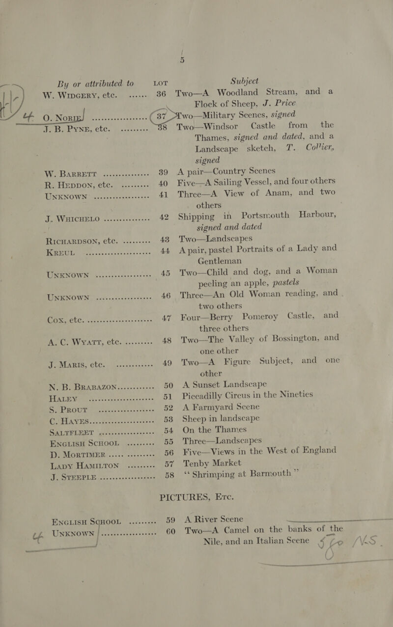 W. WIDGERY, etc. eoorer e@oveoeeee AAP ELA RRE Ts desea want nten R. HEDDON, etc. UNKNOWN eevee eoereosereseeeoeeee PAVUEETC TEGO) cre eon on casas RICHARDSON, etc. ........- KREUL Pee ee ee UNKNOWN eoereeeesr eee eee eee UNKNOWN eooeecweeeree eee eee Cox, ete. eevoeseerereeee eee eee eee PAO VY CATT) CLG: ch.- kee NLA GIS. Cli: pda coun Sadens DB IeRABAZON 500 w= e555 HALEY EE ROUT © ease senses Sexe Be A ES. yg etens vec cers BRR SEE IOOT “pirgren san vaeep ¢ ENGLISH SCHOOL .......:: Pe MORTIMER. ...4. coreeeses Toate PLAMILTON: ¢,Gacxees PEL Faces ony ones cea ener eeereseeereere eee eee ENGLISH SCHOOL UNKNOWN | eee eeroeeseoe eer eee   Subject Two—A Woodland Stream, Flock of Sheep, J. Price wo—Military Scenes, signed Two—Windsor Castle from the Thames, signed and dated, and a and a  Landscape sketch, T. Collier, signed 39 A pair—Country Scenes 40 Five—A Sailing Vessel, and four others 41 Three—A View of Anam, and two others 42 Shipping in Portsmouth Harbour, signed and dated 43 Two—Landscapes 44 Apair, pastel Portraits of a Lady and Gentleman 45 Two—Child and dog, and a ee peeling an apple, pastels 46 Three—An Old Woman reading, and . two others 47 Four—Berry Pomeroy Castle, and three others 48 Two—The Valley of Bossington, and one other 49 Two—A Figure Subject, and one other 50 A Sunset Landscape 51 Piccadilly Circus in the Nineties 52 A Farmyard Scene 53 Sheep in landscape 54 On the Thames 55 Three—Landscapes 56 Five—Views in the West of England 57 Tenby Market 58 ‘‘Shrimping at Barmouth ” PICTURES, Erc. 59 &lt;A River Scene oy ae 60 Two—A Camel on the banks of _the Nile, and an Italian Scene SL Lo