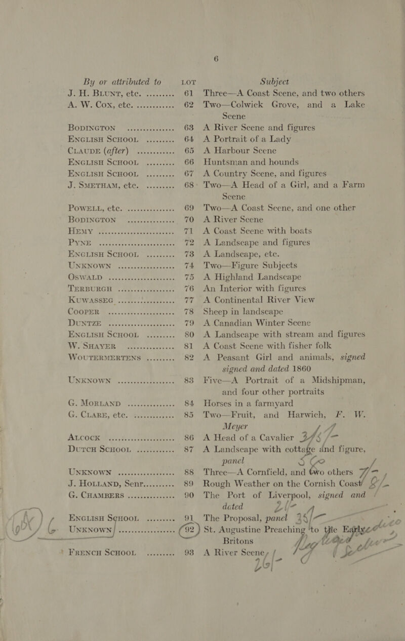 EL LUN LG. re. soe 61 ASV GO ey PEC. cya ie ie ss cen 62 BODING@ION . Th ccecsh ese teies 63 ENGLISH SCHOOL ......... 64 CLAUDE (Gta). gexec. stokes 65 ENGLISH SCHOOL «csr eses 66 EINGLISH SCHOOL jarcecsee 67 J. OMETHAM, €€C, ....0cans 68 POWEBURVELC. o0 oem 69 POURED. cerca tcdncpentt 70 PREM Y: teens) owes secan easier se re | AONE 5 Veg San ce eae esac nee ee 72 ENGLISH SCHOOL ......... 73 TINO WIN |. ioc caieseees bee te 74 CPR WALD. Jaci cecisvncth cents vfs TRRBURGH ”. Wo. -:/-oteee cua: 76 IQUWASSEG: J icc... conheacas UF ASCHAEALR Miss s ves sh. 4 A 78 TILL PRE OG tie etka s scans 79 ENGLIsH SCHOGL 4.\...... 80 BN HACER. odetvas saner tens 81 WoOUTERMERTENS ......... 82 LISK NWI is. tnod cpa deae en 83 ( MORBAND: o.oo: 84 G. CuARE,- ete: aisha. PC ket PEP OGR Ris Wee 86 DUECHISCHOOL Jouve... 87 AINENOWN | 4. s0s&gt;shbaareyecte 88 J. HOLLAND, Senri..ni-e- 89 G CCHAMBERS «ss agaeeeeuey es 90 ENGLISH SGHOOL ......00 91 Getcrs RAPE PE Se 92 FRENCH SCHOOL “isiactee 93 Three—A Coast Scene, and two others Two—Colwick Grove, and a Lake Scene A River Scene and figures A Portrait of a Lady A Harbour Scene Huntsman and hounds A Country Scene, and figures Two—A Head of a Girl, and a Scene Two—A Coast Scene, and one other A River Scene A Coast Scene with boats A Landscape and figures A Landscape, etc. Two—Figure Subjects A Highland Landscape An Interior with figures A Continental River View Sheep in landscape A Canadian Winter Scene A Landseape with stream and figures A Coast Scene with fisher folk A Peasant Girl and animals, signed signed and dated 1860 Five—A Portrait of a Midshipman, and four other portraits Horses in a farmyard Two—Fruit, and Harwich, Ff. W. Meyer | 4A A Head of a Cavalier Vy |= A Landscape with cottage dnd figure, panel Ste Three—A Cornfield, and ¢Wo others ly. y Rough Weather on the Cornish Coas gQ i= The Port of Geo aaa signed and / dated Zi The Proposal, panel 39) ar Farm _ Britons A River Scene, / dag nl. bY