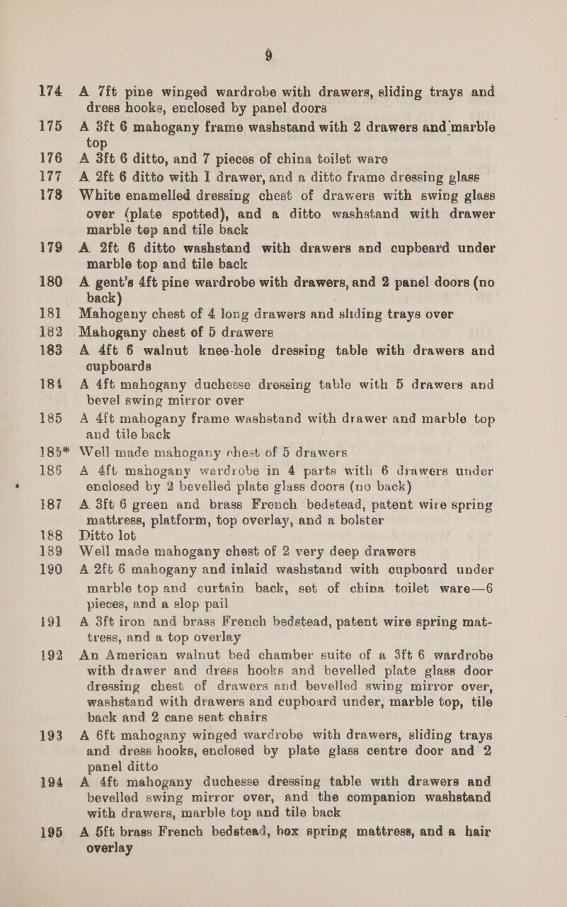 174 175 176 177 178 179 180 18] 182 183 184 192 193 194 195 4 A 7ft pine winged wardrobe with drawers, éliding trays and dress hooks, enclosed by panel doors A 3ft 6 mahogany frame washstand with 2 drawers and marble top A 3ft 6 ditto, and 7 pieces of china toilet ware A 2ft 6 ditto with 1 drawer, and a ditto frame dressing glass — White enamelled dressing chest of drawers with swing glass over (plate spotted), and a ditto washstand with drawer marbie tep and tile back _- A 2ft 6 ditto washstand with drawers and cupbeard under marble top and tile back A gent’s 4ft pine wardrobe with drawers, and 2 panel doors (no back pean e chest of 4 long drawers aad sliding trays over Mahogany chest of 5 drawers A 4ft 6 walnut knee-hole dressing table with drawers and cupboards A 4ft mahogany duchesse dressing table with 5 drawers and bevel swing mirror over A 4ft mahogany frame washstand with drawer and marble top and tile back Well made mahogany chest of 5 drawers A 4ft mahogany wardrobe in 4 parts with 6 drawers under enclosed by 2 bevelled plate glass doors (no back) A 3ft 6 green and brass French bedstead, patent wire spring mattress, platform, top overlay, and a bolster Ditto lot Well made mahogany chest of 2 very deep drawers A 2f 6 mahogany and inlaid washstand with cupboard under marble top and curtain back, set of china toilet ware—6 pieces, and a slop pail A 3ft iron and brass French bedstead, patent wire spring mat- tress, and a top overlay An American walnut bed chamber suite of a 5ft 6 wardrobe with drawer and dress hooks and bevelled plate glass door dressing chest of drawers and bevelled swing mirror over, washstand with drawers and cupboard under, marble top, tile back and 2 cane seat chairs A 6ft mahogany winged wardrobe with drawers, sliding trays and dress hooks, enclosed by plate glass centre door and 2 panel ditto A 4ft mahogany duchesse dressing table with drawers and bevelled swing mirror ever, and the companion washstand with drawers, marble top and tile back A 5ft brass French bedstead, hox spring mattress, and a hair overlay