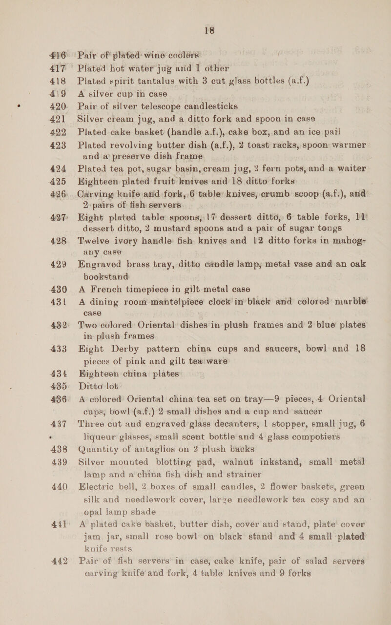 418 419 420. 421 422 423 424 425 427 428 429 430 431 433 43t 435 437 438 439 44() 442 18 Plated hot water jug arid 1 other Plated spirit tantalus with 3 cut glass bottles (a.f.) A silver cup in case Pair of silver telescope candlesticks Silver cream jug, and a ditto fork and spoon in case Plated cake basket (handle a.f.), cake box, and an ice pall Plated revolving butter dish (a.f.),.2 toast racks, spoon warmer : anda’ preserve dish frame Plated tea pot, sugar basin, cream jug, 2 fern pots, and a waiter Eighteen plated fruit knives and 18 ditto forks Carving knife and fork,.6 table’ knives, crumb. scoop (a.f.), and- 2 pairs of fish servers Eight plated table spoons,:!7 dessert ditto, 6 table forks, 11 dessert ditto, 2 mustard spoons aud a pair of sugar tongs Twelve ivory handle fish knives and 12 ditto forks in mahog- any case bookstand A French timepiece in gilt metal case A dining room sonable clock in’ black and colored marble case Two colored: Oriental dishes in plush frames and 2 blue plates in plush frames Hight Derby pattern china cups and saucers, bowl and 18 pieces of pink and gilt tea’ ware Kighteen china plates Ditto lot: A colored’ Oriental china tea set on tray—9 pieces, 4 Oriental cups, bowl (a.f.) 2:small dishes and a cup and saucer Three cut and engraved glass decanters, 1 stopper, small jug, 6 liqueur glasses, small scent bottle and 4 glass compotiers Quantity of antaglios on 2 plush backs Silver mounted blotting pad, walnut inkstand, small metal lamp and a china fish dish and strainer Electric bell, 2 boxes of small candles, 2 flower baskets, green silk and needlework cover, larze needlework tea cosy and an - opal lamp shade A plated cake basket, butter dish, cover and stand, plate’ cover jam jar, small rose bowl on black stand and 4 small ‘plated knife rests Pair of fish servers’ in case, cake knife, pair of salad servers carving knife’ and fork, 4 table knives and 9 forks