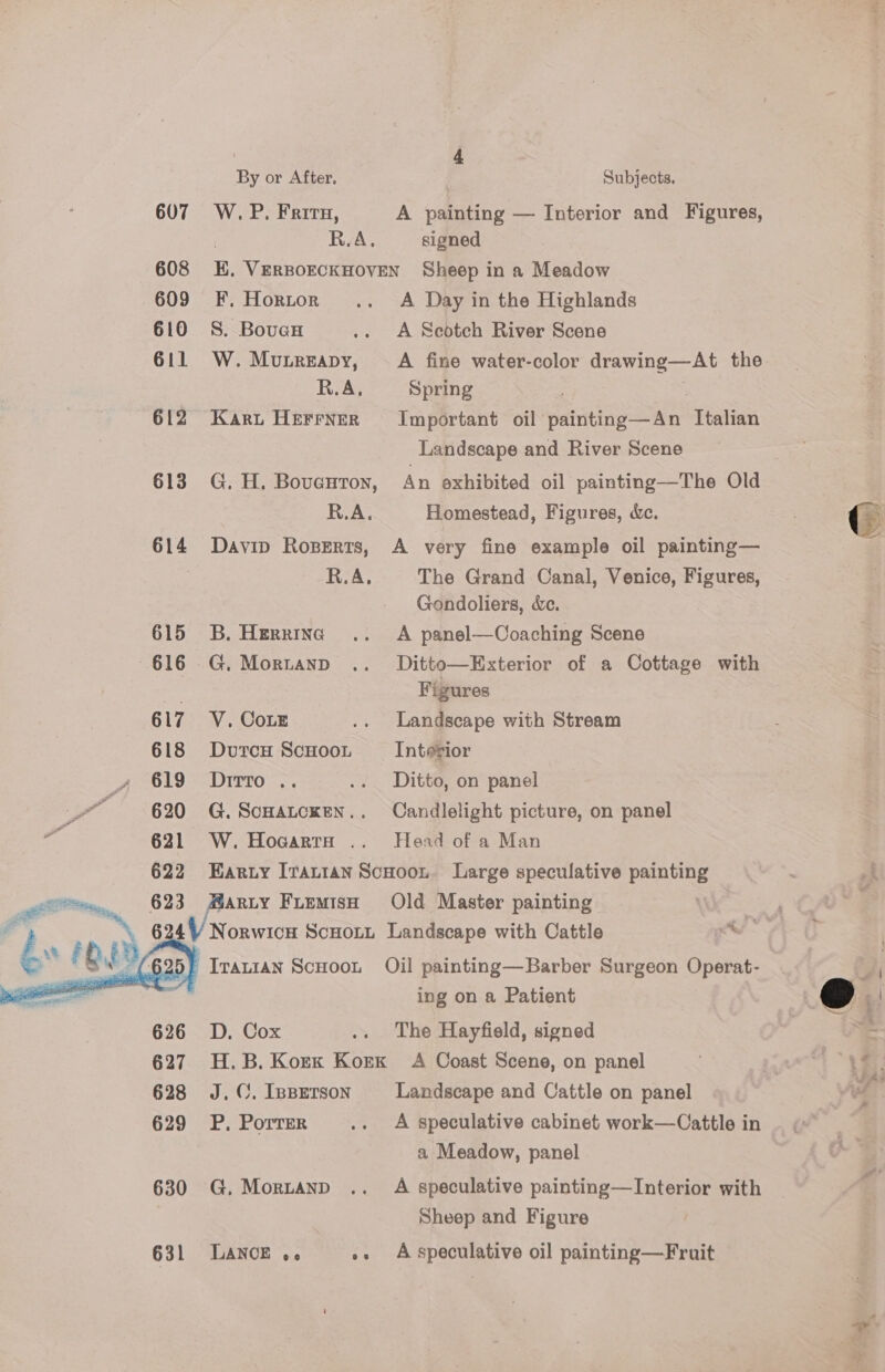 4 By or After. | Subjects. 607 W. P. Frits, A painting — Interior and Figures, . R.A. signed 608 E. VERBOECKHOVEN Sheep in a Meadow 609 F.Hortor .. A Day in the Highlands 610 S. BoucH .. A Scotch River Scene 611 W. Mubreapy, A fine water-color ote. the R.A, Spring 612 Kart Herrner Important oil vaiiting San Italian Landscape and River Scene 613 G. H. Boventon, An exhibited oil painting—The Old R.A. Homestead, Figures, &amp;ec. | ( 614 Davip Roserts, A very fine example oil painting— | R.A, The Grand Canal, Venice, Figures, Gondoliers, &amp;c.  615 B. Herring .. A panel—Coaching Scene 616 G,Mortanp .. Ditto—Exterior of a Cottage with ve Figures 617 V. CoLE 4 Landscape with Stream 618 DurcH ScHooL Interior SA nOLD =~ DITEO - 7). .. Ditto, on panel wo 620 G.Sonatcxen.. Candlelight picture, on panel ee 621 W.Hocarra .. Head of a Man 622 Harty Irattan ScHoot. Large speculative painting yet, 623 Marty FLEMisH Old Master painting ? ‘ 6 4V Norwicu ScHoLL Landscape with Cattle “ bs te ‘Q Gan) IrauiaAnN ScHoot Oil painting—Barber Surgeon Operat- ing on a Patient  626 D. Cox .. The Hayfield, signed 627 H.B.Korex Korx A Coast Scene, on panel 628 J.C. Isperson Landscape and Cattle on panel 629 P. PorTER .. A speculative cabinet work—Cattle in a Meadow, panel 630 G.Morztanp .. A speculative painting—lInterior with Sheep and Figure