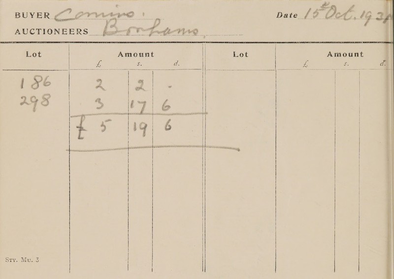 “ . | F atl f a ; R ad — eo Fy. Be i OE aa, as Pe oes Da te Lb DetinMG.3 AUCTIONEERS feof VPoutt-71400 Once eee ne Bese eels cree mene Me ewe cece eee Me ene e 0s bens wees reeset et cc We es neminstescestatensesesscte O68 . Amount a S. d. | | Lot Amount I Lot     | | { | ie | basis |     Sty. Mu. 3 +