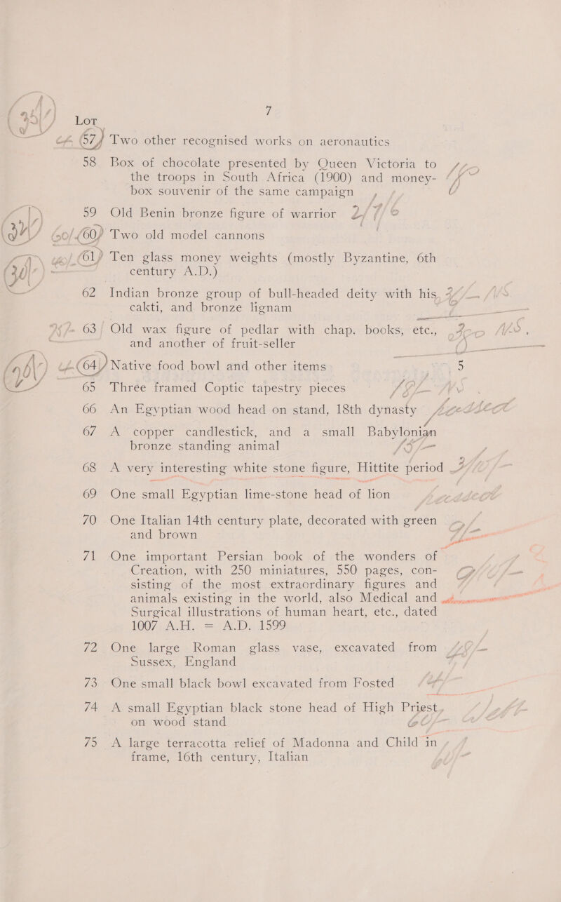 55 Lor. 598 Box of chocolate presented by Queen Victoria to the troops in South Africa (1900) and money- box souvenir of the same campaign 599 Old Benin bronze figure of warrior (60) Two old model cannons century AD.) eaiclt, and. proize totam and another of fruit-seller Gy Native food bowl and other items | 65 Three framed Coptic tapestry pieces Se. 66 An Eeyptian ‘wood head on-&lt;tand, 18th Fs / / 6/7 copper candlestick, and 2. small ree eae bronze standing animal De Coot very interesting white stone figure, Hittite ‘ne 69 One small Egyptian lme-stone head a ilon 70 . One Italian 14th century plate, decorated with green and brown | Creation, with 250 miniatures, 550 pages, con- sisting of the most extraordinary figures and Sureical illustrations of -bumam heart, etc. dated 1007; Av... 2A.) 4599 Sussex, England 75 ~One small black bowl excavated from Fosted 74 A small Egyptian black stone head of High Priest, on wood stand ot 75 A large terracotta relief of Madonna and Child in frame, 16th century, Italian