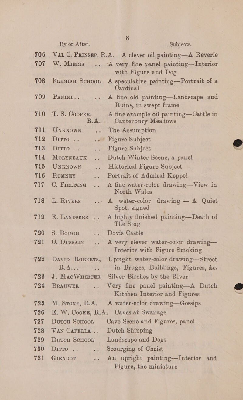 706 107 708 709 710 711 712 713 714 715 716 T17 719 720 721 722 723 724 725 726 127 728 729 730 731 By or After. W. Mierris ELEMISH ScHOUL PANINI... T. S. Coorsr, R.A. UNKNOWN Dir To Fac, MoLyNEAUX UNKNOWN RoMNEY C, FIELDING L, Rivers K. LANDSEER S. BoucH C. DussaIn Davip RoBERTs, RAs J. MacWHIRTER BRAUWER M. Strong, R.A. Subjects. ‘A very fine panel painting—Interior with Figure and Dog A speculative painting—Portrait of a Cardinal A fine old painting—Landscape and Ruins, in swept frame A fine example oil painting—Cattle in Canterbury Meadows The Assumption Figure Subject Figure Subject Dutch Winter Scene, a panel Historical Figure Subject Portrait of Admiral Keppel A fine water-color drawing— View in North Wales A water-color drawing — A Quiet Spot, signed A highly finished painting —Death of The Stag Dovis Castle A very clever water-color drawing— Interior with Figure Smoking Upright water-color drawing—Street in Bruges, Buildings, Figures, &amp;e. Silver Birches by the River Very fine panel painting—A Dutch Kitchen Interior and Figures A water-color drawing—Gossips DutcH ScHOOL VAN CAPELLA .. DutcH ScHOOL Dirro .. GIRADOT eis Cave Scene and Figures, panel Dutch Shipping Landscape and Dogs Scourging of Christ An upright painting—Interior and Figure, the miniature  