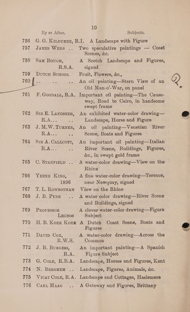 756 757 758 759 By or After, 10 Subjects. JAMES WEBB .. Sam Bouau, R.S.A. DoutcH ScHoon —— 761 762 763 764 766 767 768 769 770 171 172 773 774 775 776 F, GooDAtt, R.A. Sir E, LANDSEER, R.A... J. M.W. Turner, Risse Siz A. CALLcort, R.A... C. STANFIELD .. YEEND Kine, 1896 T. L. RowBotHam J. B. Pyne PROFESSOR LEGROS H. B. Koex Korx Davip Cox, R.W.S. J. B. Burasss, R.A. G. Cots, R.B.A. N. BeRGHEM . Vicat Cots, R.A. Cart HAAG Two speculative paintings — Coast Scenes, &amp;e. A Scotch Landscape and Figures, signed Fruit, Flowers, &amp;c., An oil psinting—Stern View of an Old Man-o’-War, on panel Important oil painting—The Cause- way, Road to Cairo, in handsome swept frame An exhibited water-color drawing— Landscape, Horse and Figure An oil painting—Venetian River Scene, Boats and Figures An important oil painting—Italian River Scene, Buildings, Figures, &amp;c., in swept gold frame A water-color drawing— View on the Rhine A fine water-color drawing—Terence, near Newquay, signed View on the Rhine A water-color drawing—River Scene and Buildings, signed A clever water-color drawing—Figure Subject A Dutch Coast Scene, Boats and Figures A water-color drawing—Across the Common An important painting—A Spanish Figure Subject Landscaye, Horses and Figures, Kent Landscape, Figures, Animals, &amp;c. Landscape and Cottages, Haslemere A Gateway and Figures, Brittany  