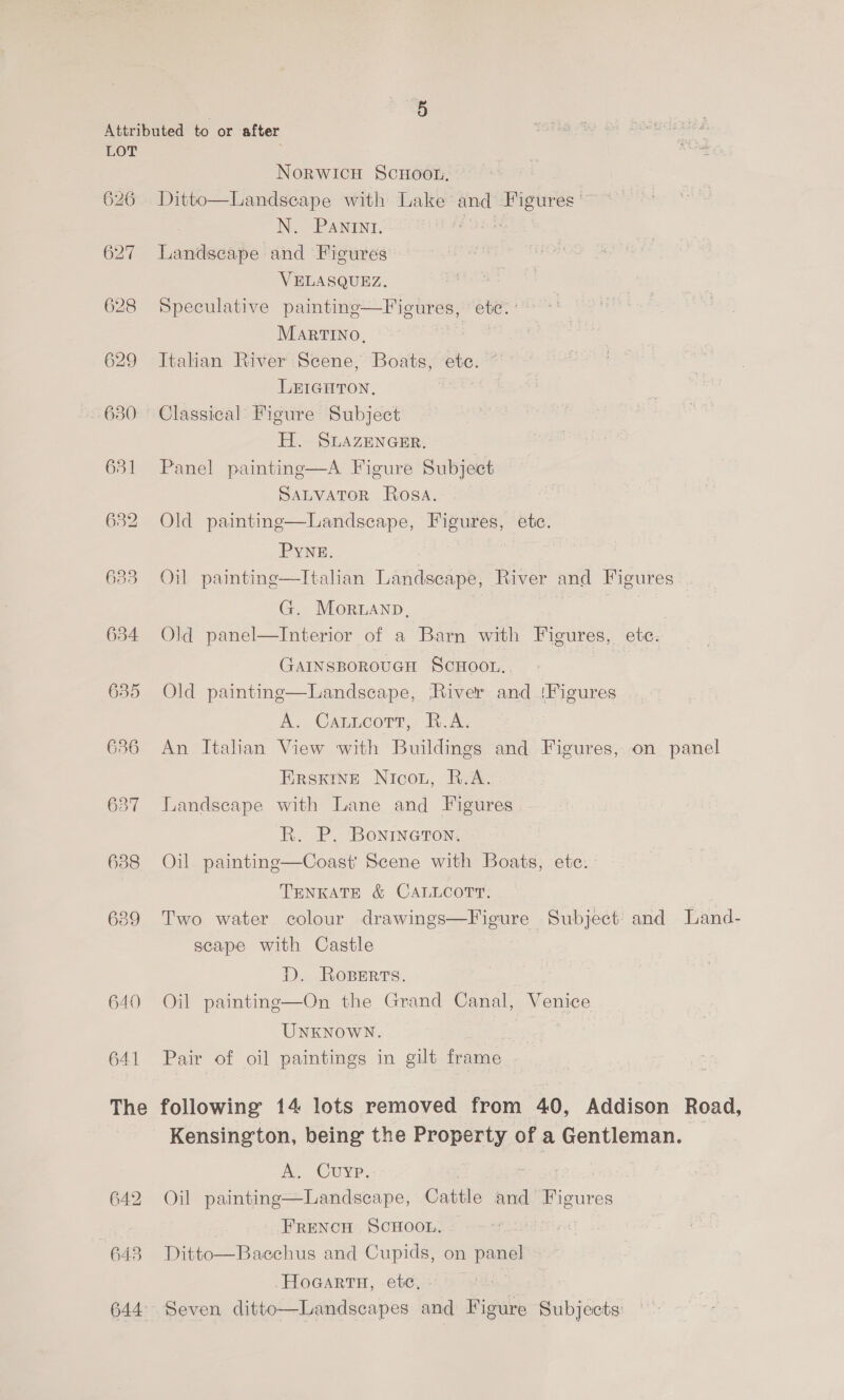 626 635 636 637 638 39 640 641 NorwicH ScwHoon,  Ditto—Landscape with Lake and Figures © N. PAnint. guid Landscape and Figures VELASQUEZ. Speculative paintine—Fieures, etc. MARTINO, 2 Italian River Scene, Boats, ete. LEIGHTON, Classical Figure Subject H. SLAZENGER. Panel paintinge—A Figure Subject SALVATOR Rosa. Old painting—Landscape, Figures, etic.  PYNE. Oil painting—Italian Landscape, River and Figures G. Moranp, Old panel—Interior of a Barn with Figures, ete. GaInsporoucH ScHoon. Old painting—Landscape, River and /Figures A. CaLLcor?,, R.A; An Italian View with Buildings and Figures, on panel  ERSKINE Nicou, R.A. Landscape with Lane and Figures R. P. Bonineton. Oil painting—Coast Scene with Boats, etc. TENKATE &amp; CALLCOTT. Two water colour drawings—Figure Subject and Land- scape with Castle D. Ropers. Oil painting—On the Grand Canal, Venice UNKNOWN. Pair of oil paintings in gilt frame 642 643 Kensington, being the Property of a Gentleman. A. Cuyp. | Landscape, Cattle and Figures FRENCH SCHOOL. | Ditto—Bacchus and Cupids, on panel Oil painting  HoGartaH, etc, | Seven ditto—Landscapes and Figure Subjects