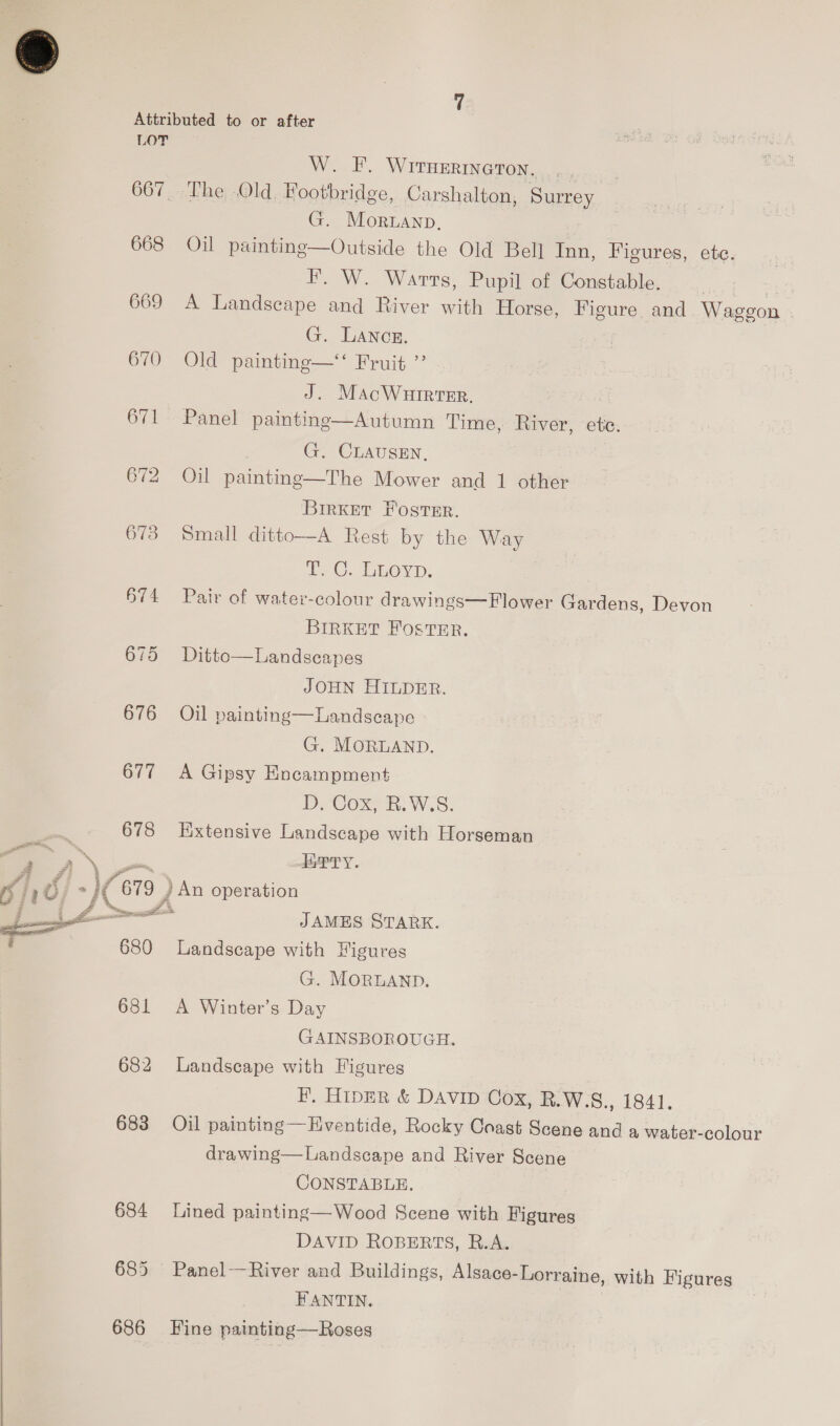 Attributed to or after LOT W. F. WITHERINGTON. 667 The Old Footbridge, Carshalton, Surrey G. Moruanp, 668 Oil painting—Outside the Old Bell Inn, Figures, ete. F. W. Warts, Pupil of Constable. | 669 A Landscape and River with Horse, Figure. and Waggon G. LANCE. 670 Old painting—*‘ Fruit ”’ J. MAcWHIRTER. 671 Panel painting—Autumn Time, River, etc. G. CLAUSEN, 672 Oil painting—The Mower and 1 other BrrKEtT FOSTER. 673 Small ditto—A Rest by the Way EG. IEnOvD. 674 Pair of water-colour drawings—Flower Gardens, Devon BIRKET FOSTER. 675 Ditto—Landscapes JOHN HILDER. 676 Oil painting—Landscape G. MORLAND. 677 <A Gipsy Encampment D. Cox, R.W.S. : 678 Extensive Landscape with Horseman BS | ee BPry. ei 1, io Sj » }¢ 679 / An operation i JAA _— ee JAMES STARK.  680 Landscape with Figures G. MORLAND. 681 A Winter’s Day GAINSBOROUGH. 682 Landscape with Figures F. HipER &amp; DAVID Cox, R.W.S., 1841. 683 Oil painting —Eventide, Rocky Coast Scene and a water-colour drawing—Landscape and River Scene CONSTABLE. 684 Lined painting—Wood Scene with Figures DAVID ROBERTS, R.A. 685 Panel—River and Buildings, Alsace-Lorraine, with Figures FANTIN. 686 Fine painting—Roses