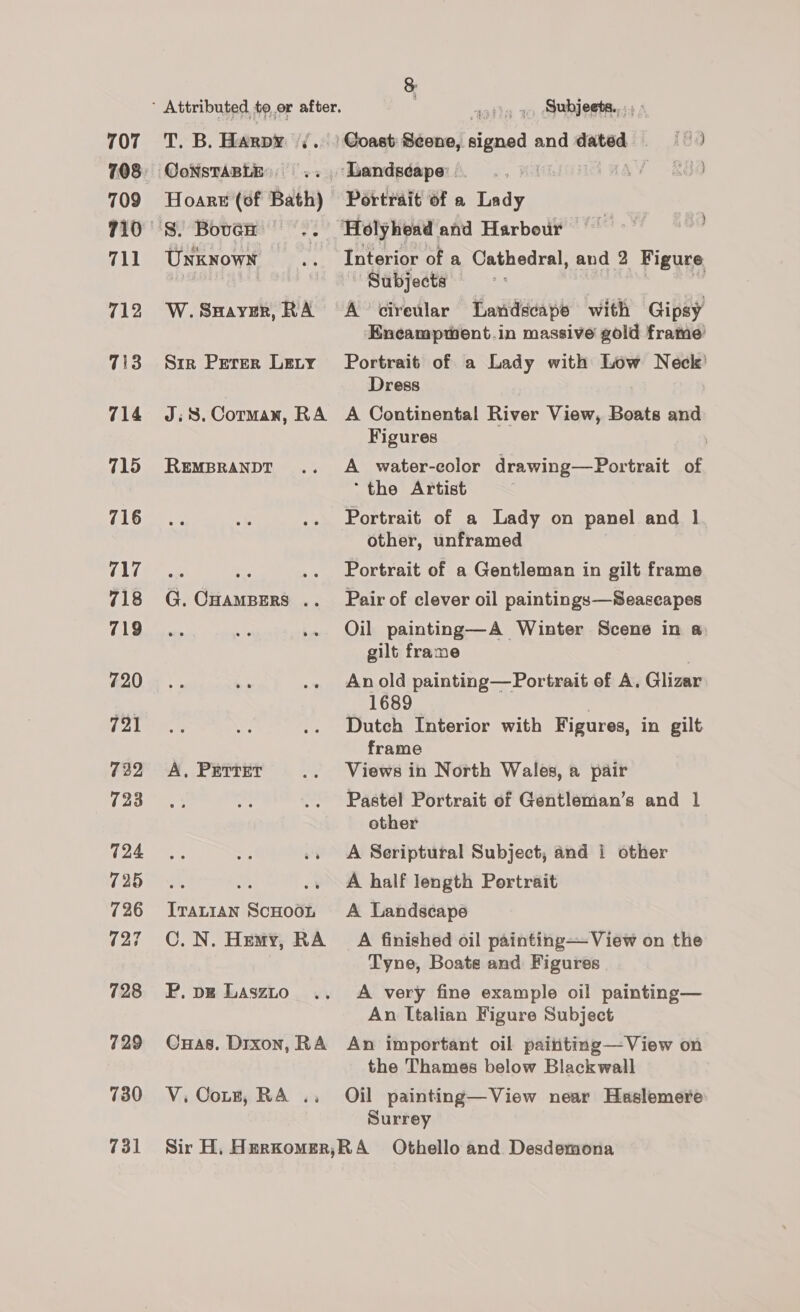 707 709 710 711 712 713 714 715 716 717 718 719 720 721 732 724 725 726 727 728 729 730 731 UNKNOWN Subjects...» REMBRANDT A, Perret P. pz Laszio V. Cots, RA Portrait of a Lady +9) Interior of a Cathedral, and 2 Figure Subjects ) A cireular Landscape with Gipsy Encampwent.in massive gold frame Portrait of a Lady with Low Neck’ Dress A Continental River View, Boats and Figures A water-color drawing—Portrait of ‘the Artist Portrait of a Lady on panel and | other, unframed Portrait of a Gentleman in gilt frame Pair of clever oil paintings—Seaseapes Oil painting—A Winter Scene in a gilt frame | An old painting—Portrait of A. Glizar 1689 Dutch Interior with Figures, in gilt frame Views in North Wales, a pair Pastel Portrait of Gentleman’s and 1 other A Seriptural Subject, and | other A half length Portrait A Landscape A finished oil painting— View on the Tyne, Boate and Figures A very fine example oil painting— An Italian Figure Subject An Important oil paiiiting—View on the Thames below Blackwall Oil painting—View near Haslemere Surrey