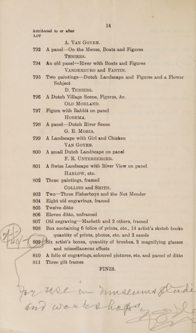 Attributed to or after LOT A. VAN GOYEN. 793 <A panel—On the Meuse, Boats and Figures TENIERS. 794 An old panel—River with Boats and Figures VANDERBURG and FANTIN. 795 Two paintings—Dutch Landscape and Figures and a Flower Subject D. TENIERS. 796 <A Dutch Village Scene, Figures, &amp;e. OLD MORLAND. 797 Figure with Rabbit on panel HOBEMA. 798 A panel—Dutch River Scene G. E. Moria. 799 A Landscape with Girl and Chicken VAN GOYEN. 800 A small Dutch Landscape on panel F. R. UNTERBERGER. 801 A Swiss Landscape with River View on panel HARLOW, etc. 802 Three paintings, framed COLLINS and SMITH. 803 Two—Three Fisherboys and the Net Mender 804 Hight old engravings, framed 805 Twelve ditto 806 Eleven ditto, unframed 807 Old engraving— Macbeth and 2 others, framed 808 Box containing 6 folios of prints, etc., 14 artist’s sketch books Ae, =\ ofe| fo F a 2, quantity of prints, photos, etc. and 2 easels ~Ue-O/ “(ey ix artist’s boxes, quantity of brushes, 2 magnifying glasses pen ee oe rs aot 5 and miscellaneous effects “810 A folio of engravings, coloured pictures, etc. and parcel of ditto 811 Three gilt frames FINIS. is Ps oy Fig, fw ike Ls e %. ee ey, hy Po on ou = ~ Ay, Sere ay co