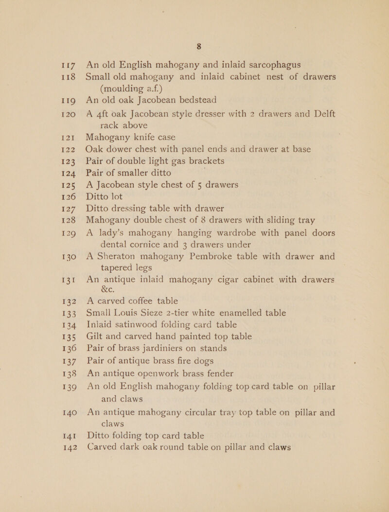 117 118 119 120 121 122 123 124 125 126 127 128 129 130 131 132 133 134 135 136 137 138 139 140 I4I 142 8 An old English mahogany and inlaid sarcophagus Small old mahogany and inlaid cabinet nest of drawers (moulding a.f.) An old oak Jacobean bedstead A 4ft oak Jacobean style dresser with 2 drawers and Delft rack above Mahogany knife case Oak dower chest with panel ends and drawer at base Pair of double light gas brackets Pair of smaller ditto | A Jacobean style chest of 5 drawers Ditto lot Ditto dressing table with drawer Mahogany double chest of 8 drawers with sliding tray A lady’s mahogany hanging wardrobe with panel doors dental cornice and 3 drawers under A Sheraton mahogany Pembroke table with drawer and tapered legs An antique inlaid mahogany cigar cabinet with drawers &amp;c. A carved coffee table Small Louis Sieze 2-tier white enamelled table Inlaid satinwood folding card table Gilt and carved hand painted top table Pair of brass jardiniers on stands Pair of antique brass fire dogs An antique openwork brass fender An old English mahogany folding top card table on pillar and claws An antique mahogany circular tray top table on pillar and claws Ditto folding top card table Carved dark oak round table on pillar and claws